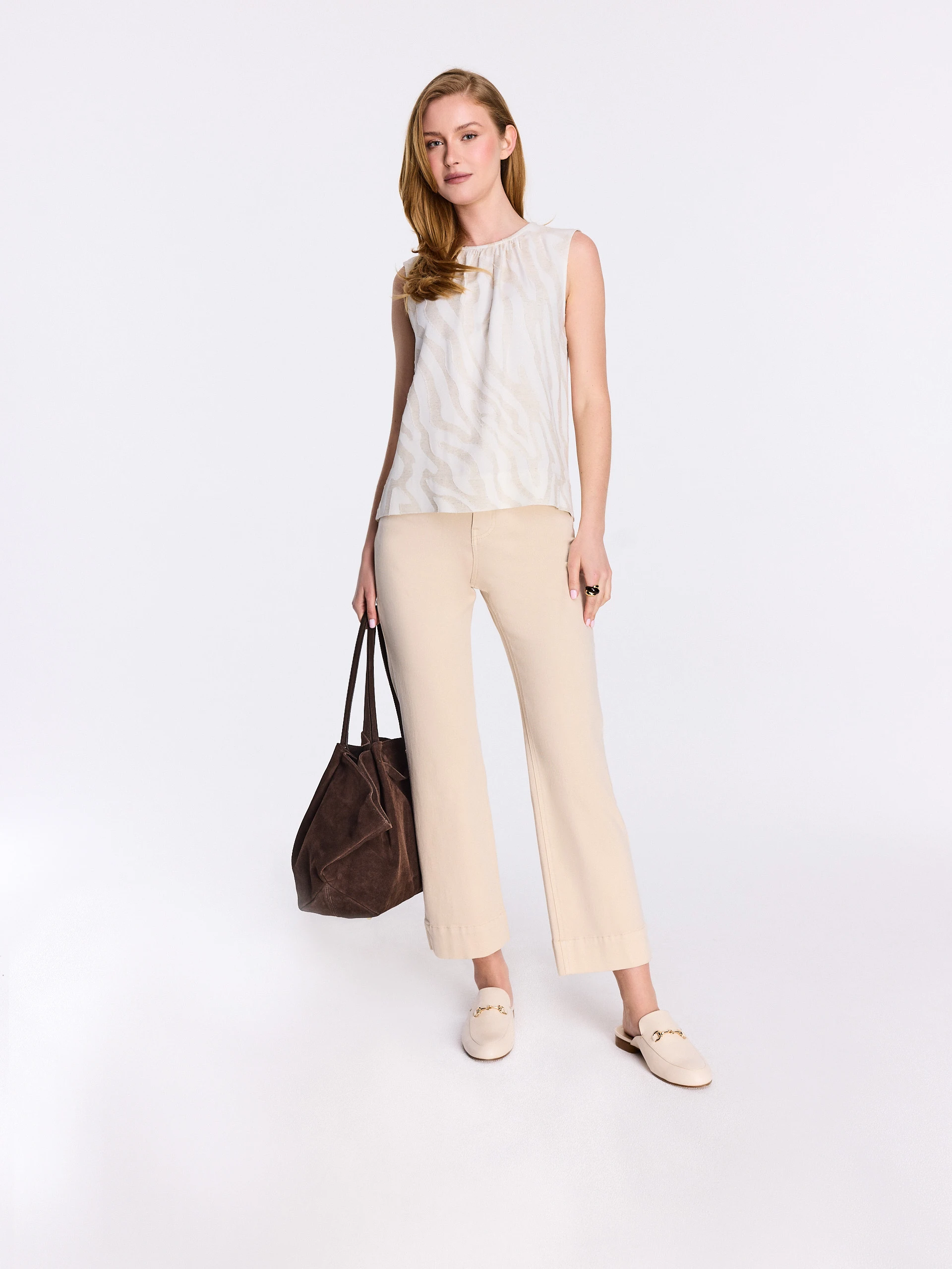 Beige high-waisted cotton denim pants
