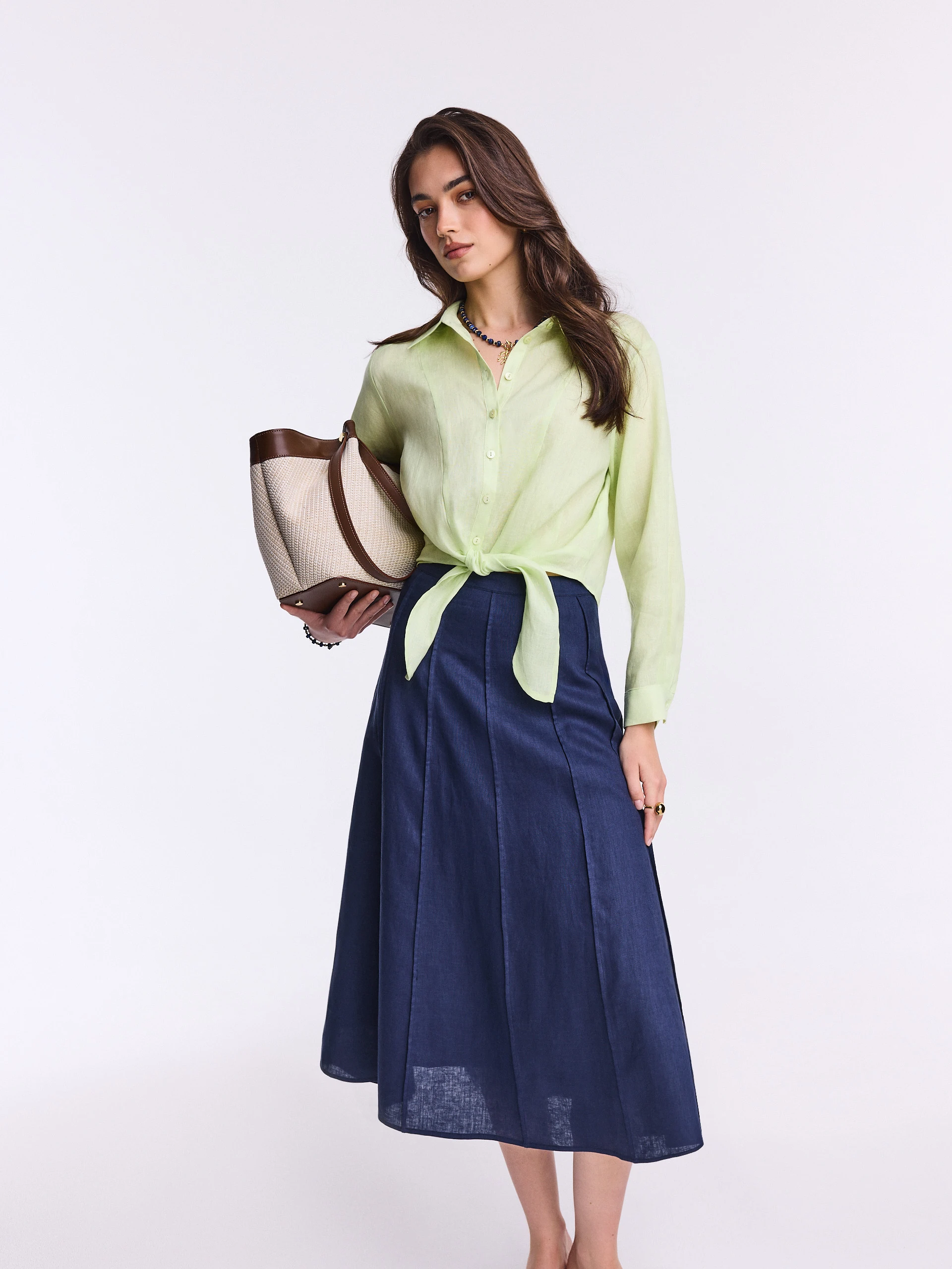 Navy blue linen high-waisted midi skirt