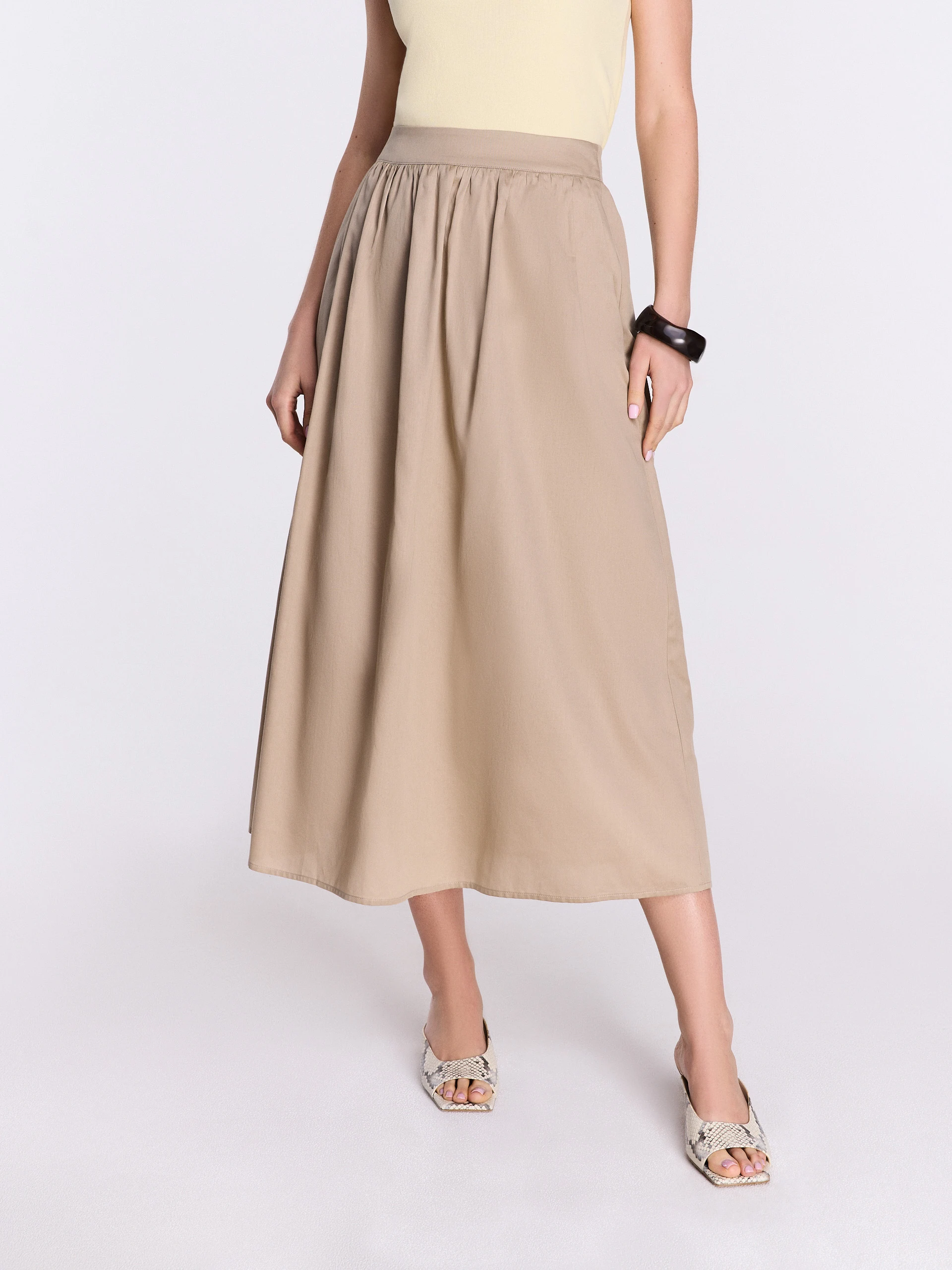 Beige high-waisted cotton midi skirt