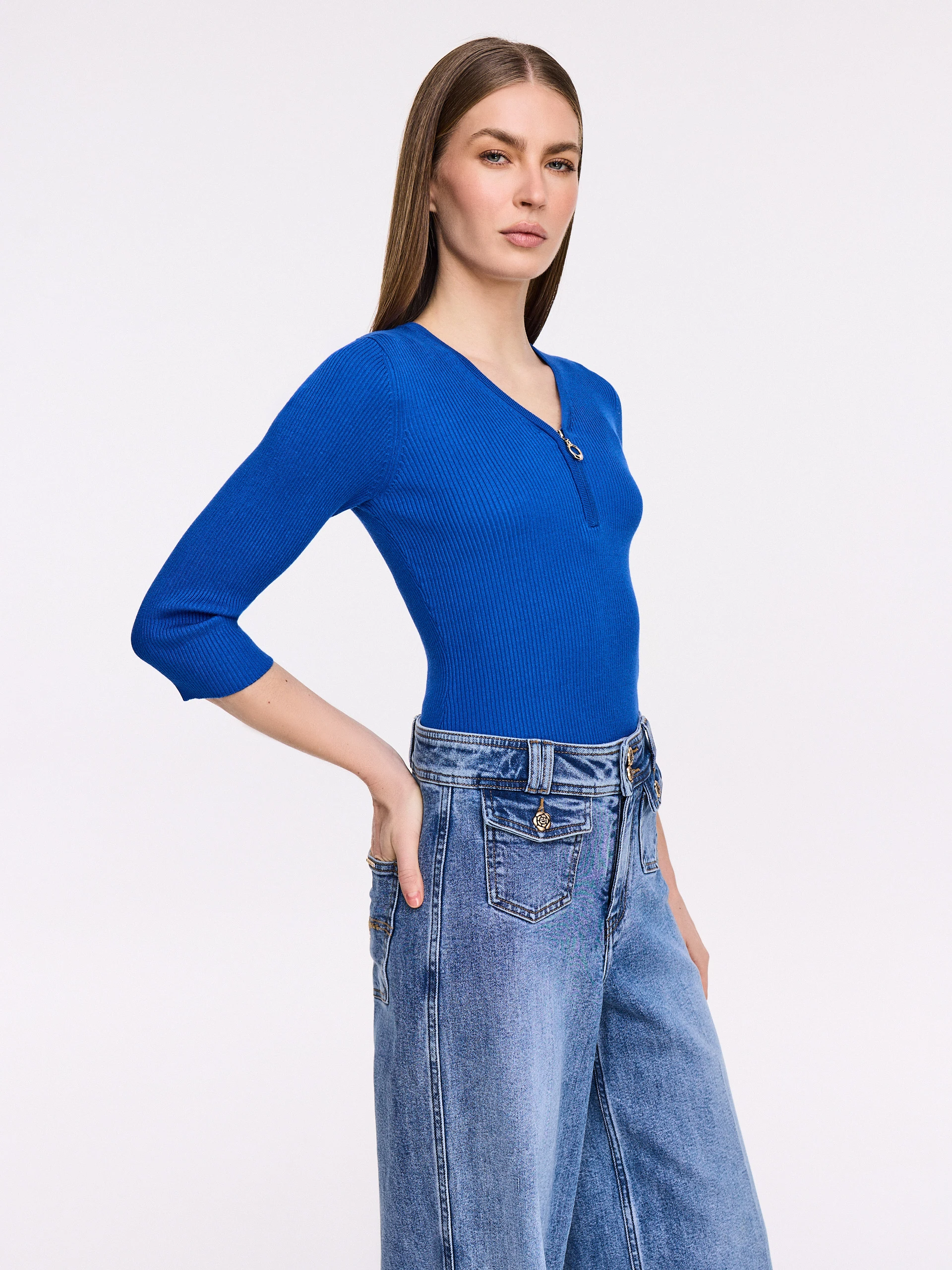 Cobalt rib knit sweater with zipper