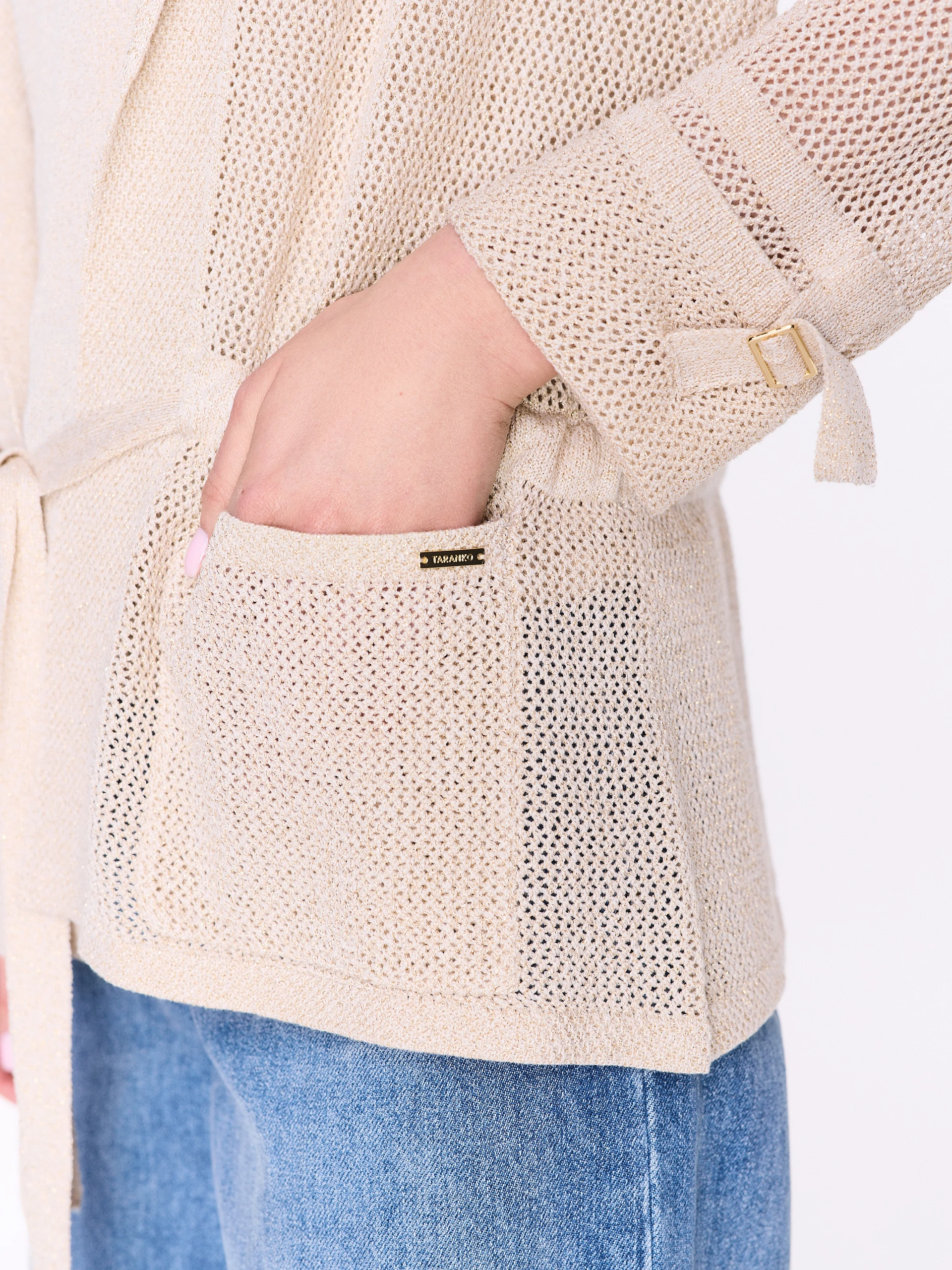 Mesh-knit cardigan with a tie at the waist