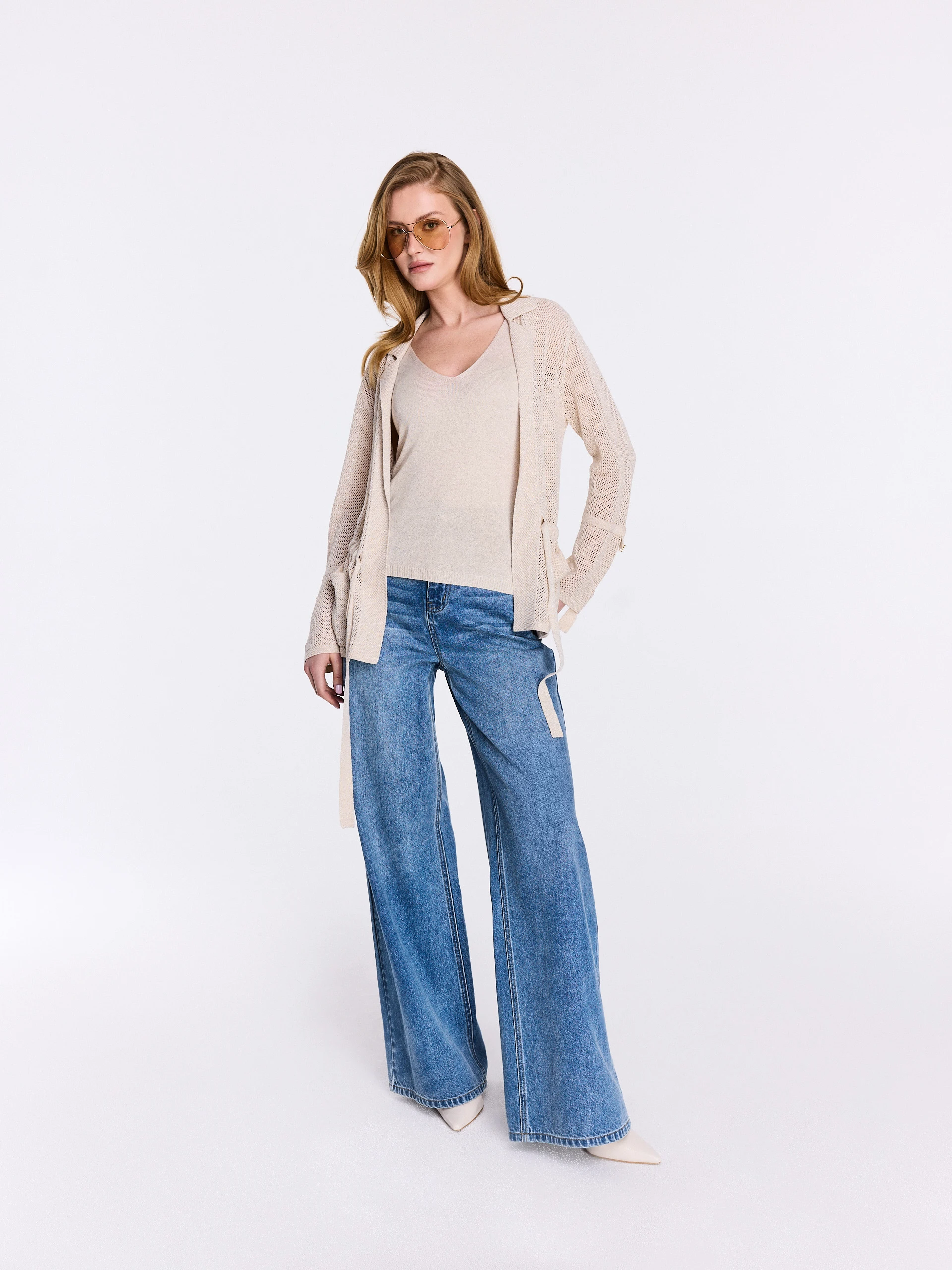 Mesh-knit cardigan with a tie at the waist
