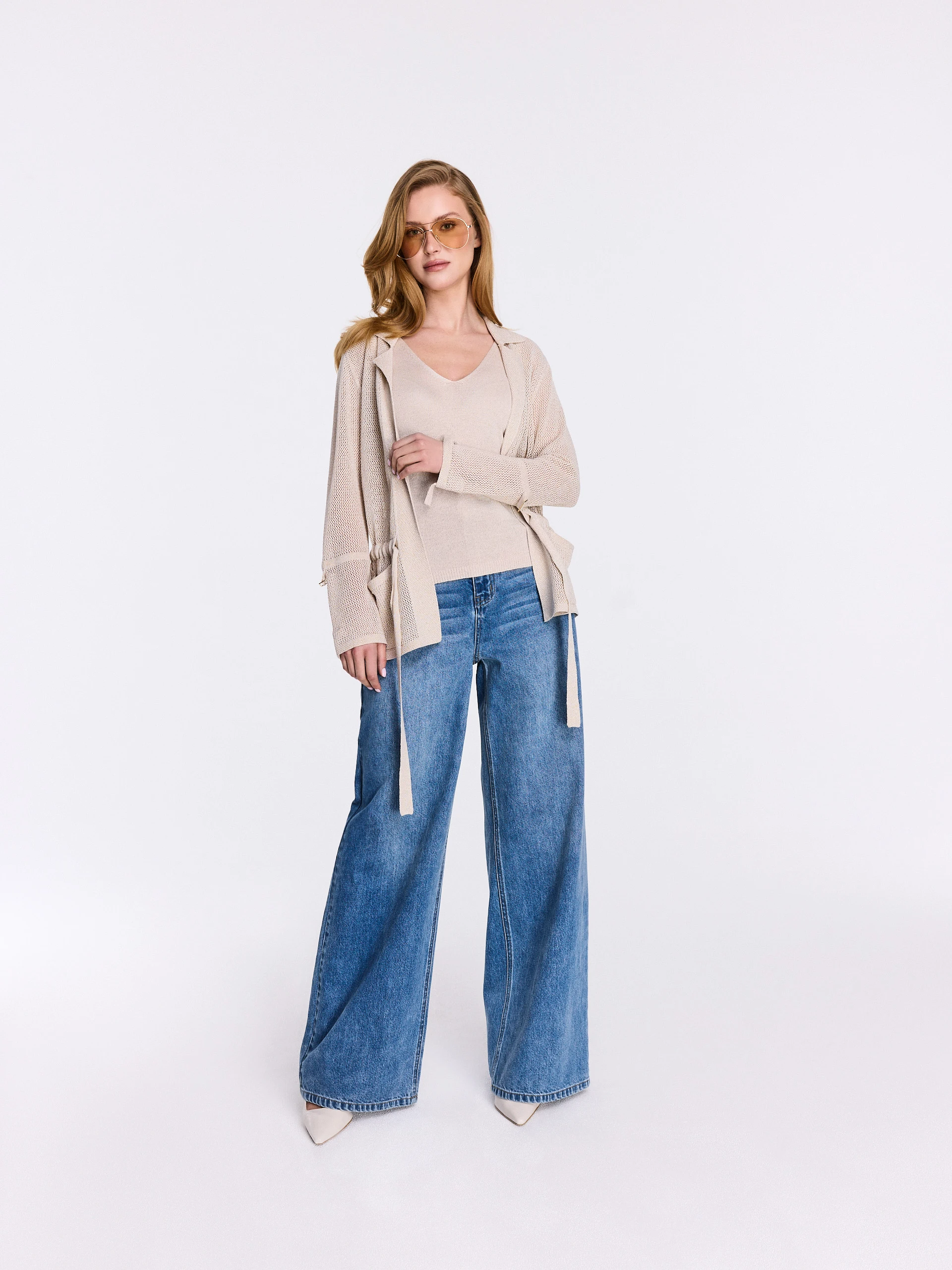 Mesh-knit cardigan with a tie at the waist