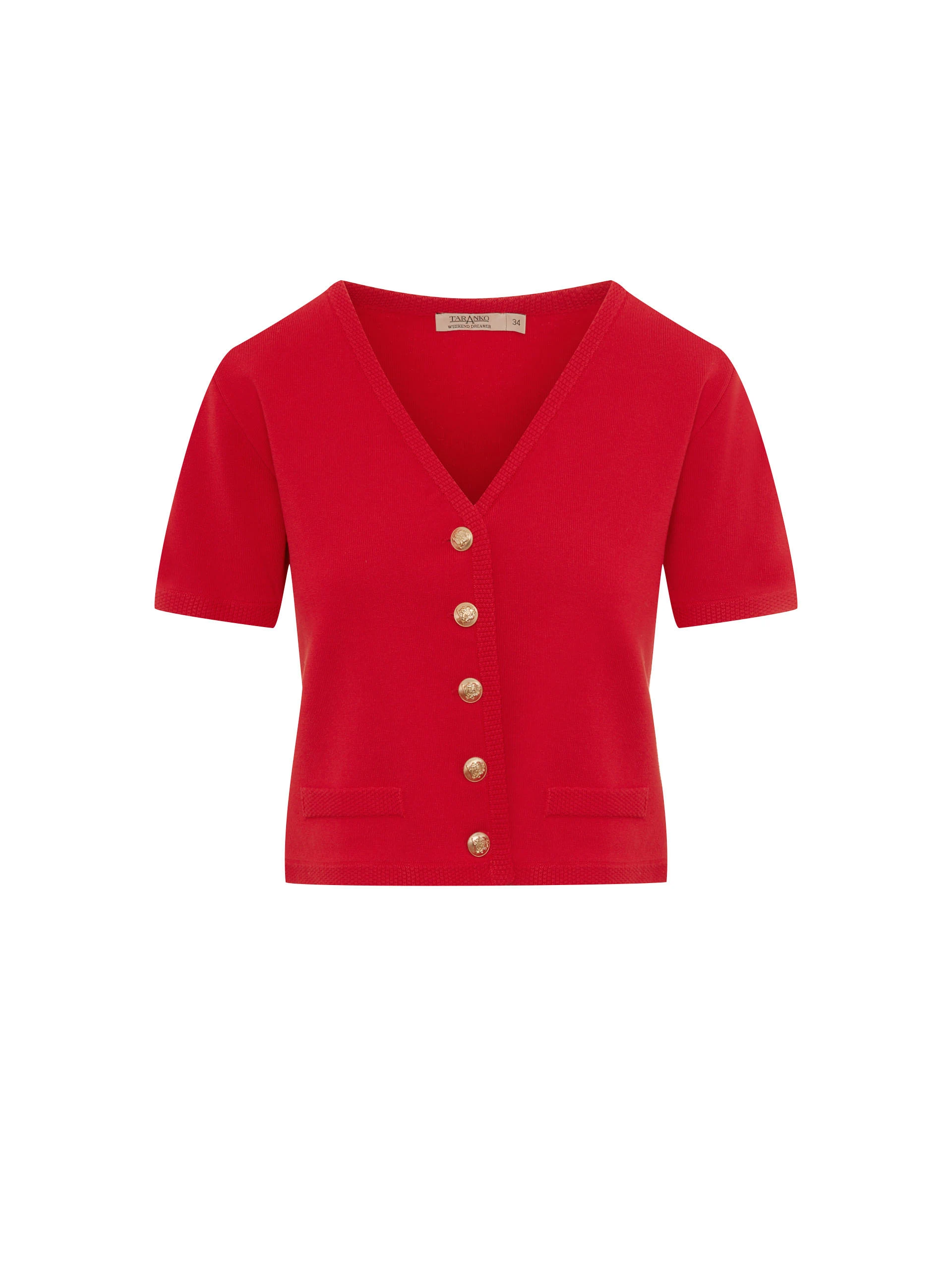 Red sweater with decorative buttons