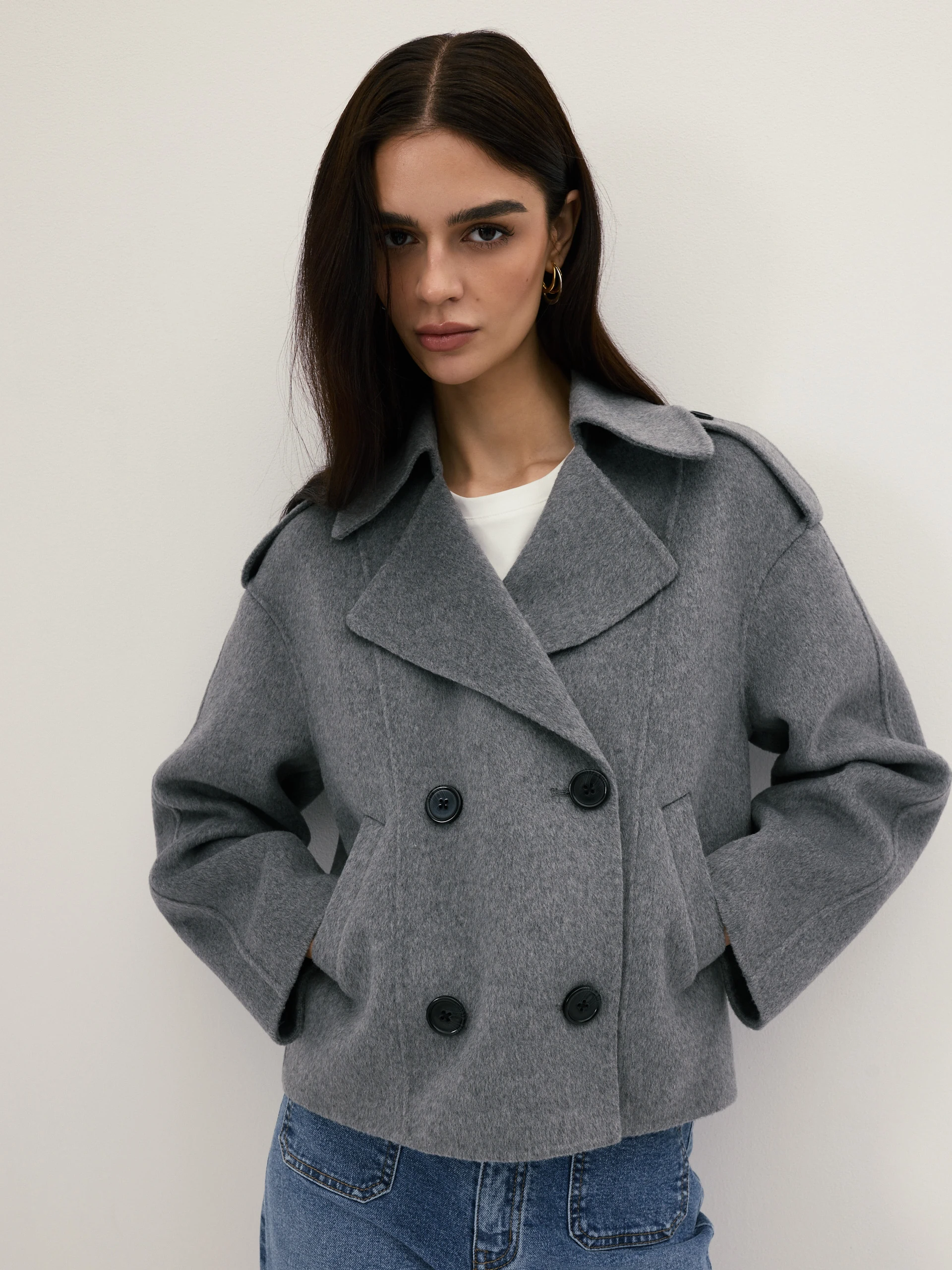 A grey double-breasted jacket with wool