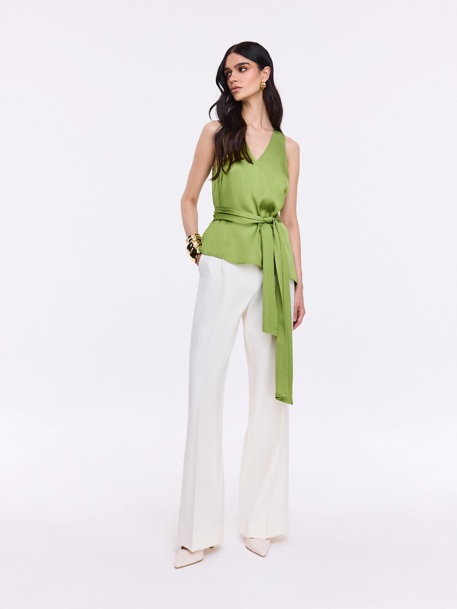 Green satin blouse with a sash