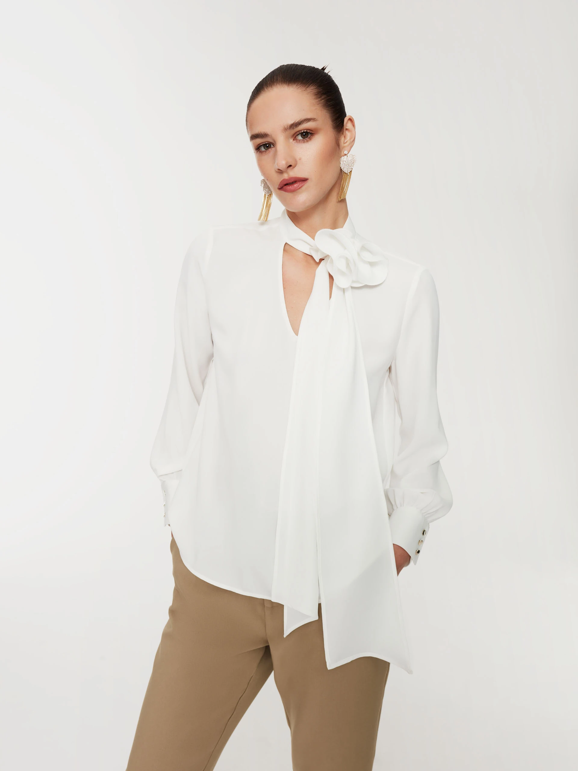 White blouse with binding at neckline