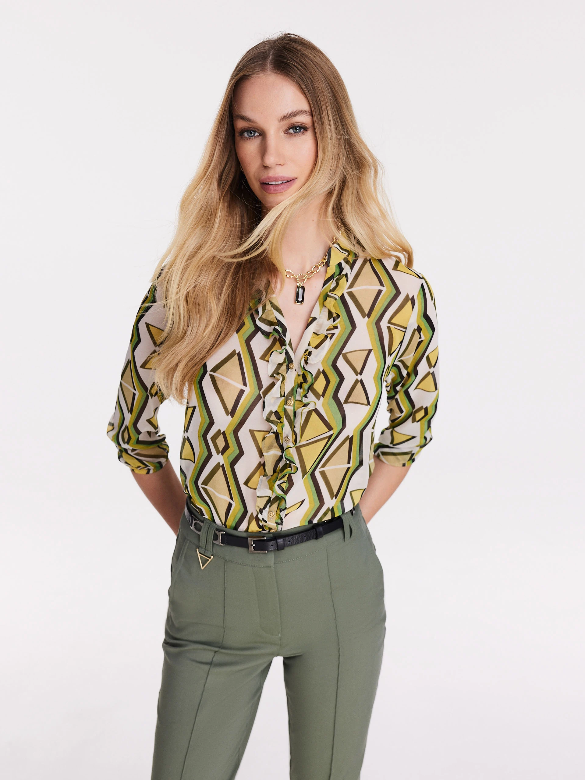 Satin shirt with geometric pattern jabot