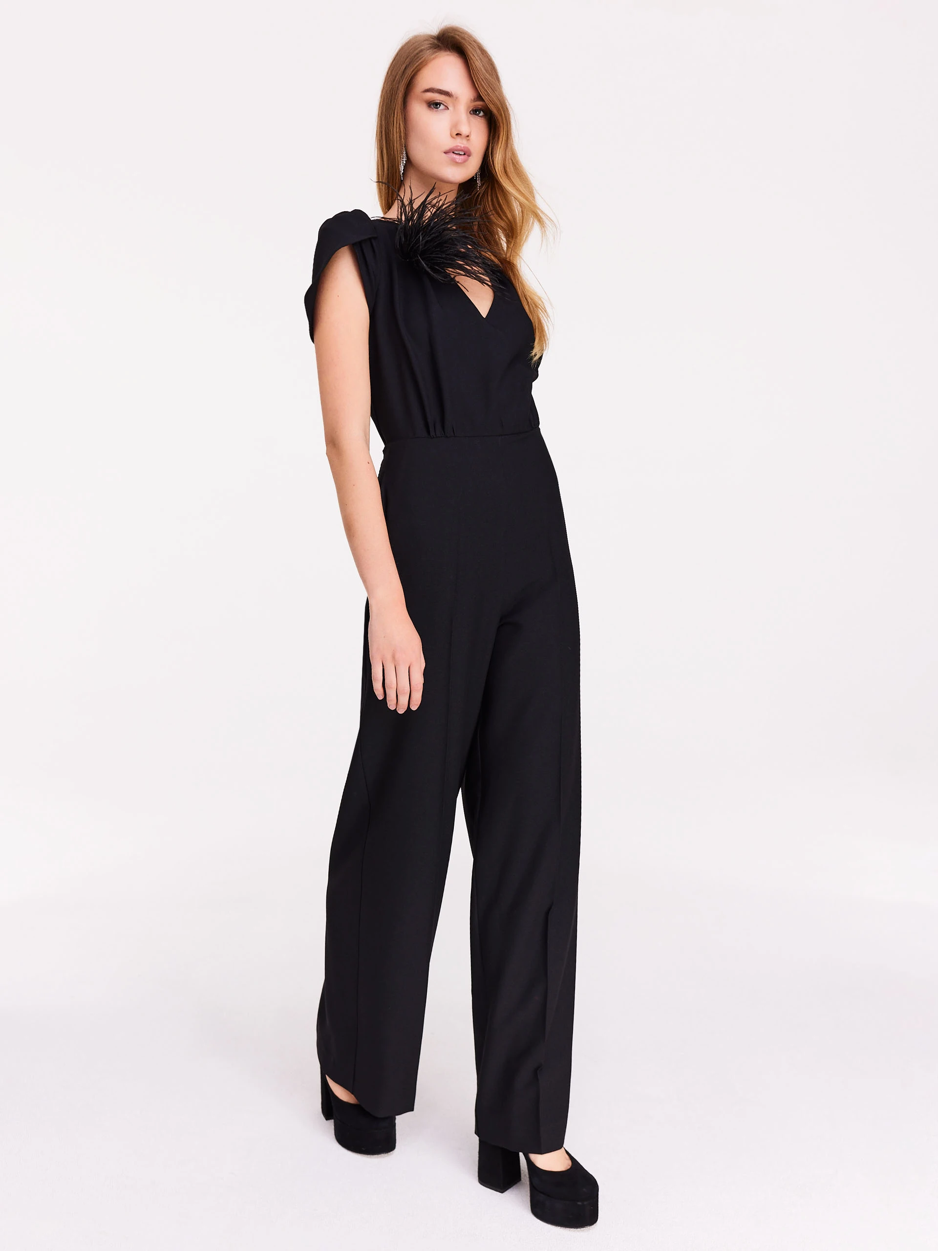 Elegant black jumpsuit with V neckline