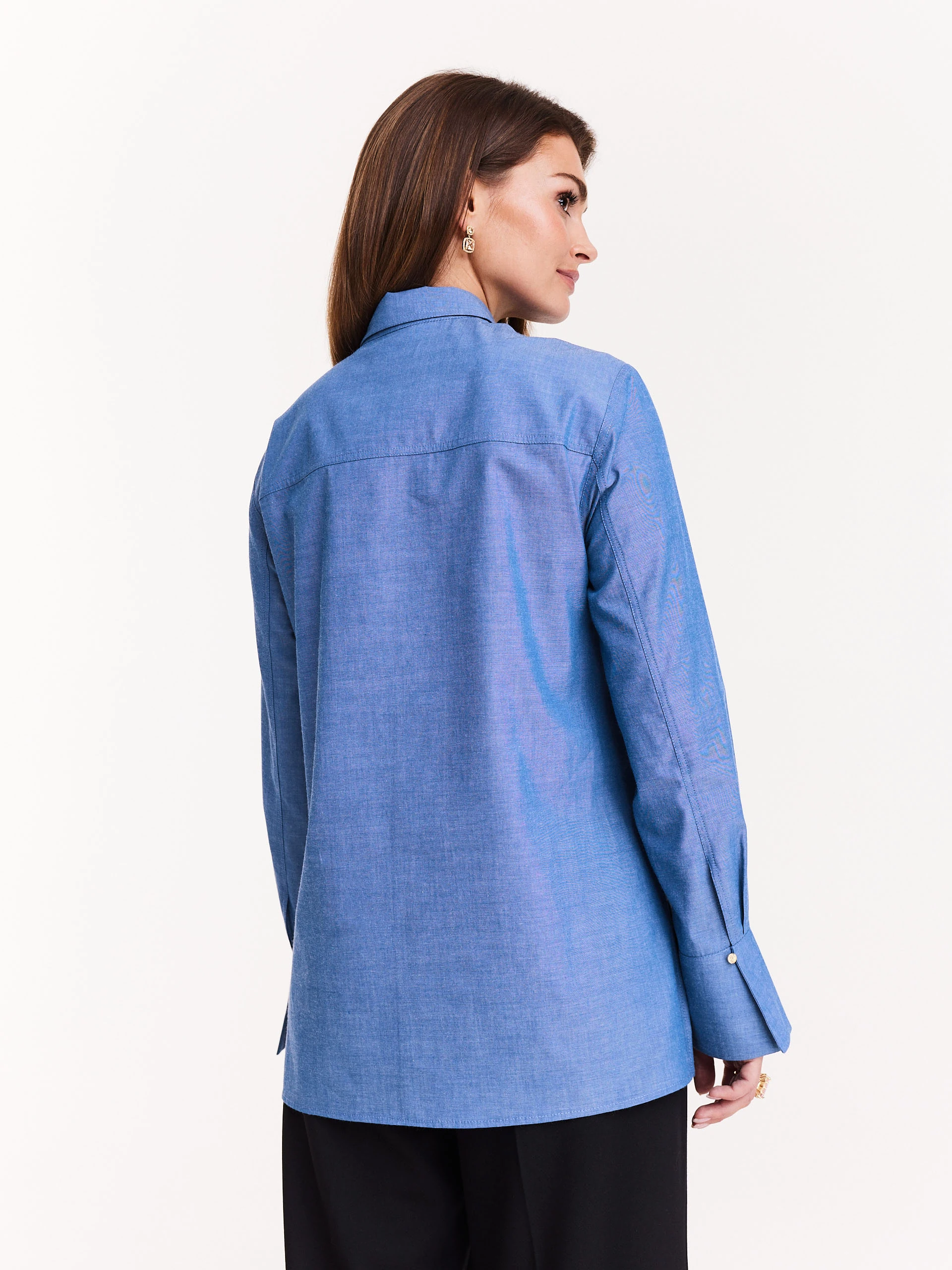 Cotton denim shirt with jabot