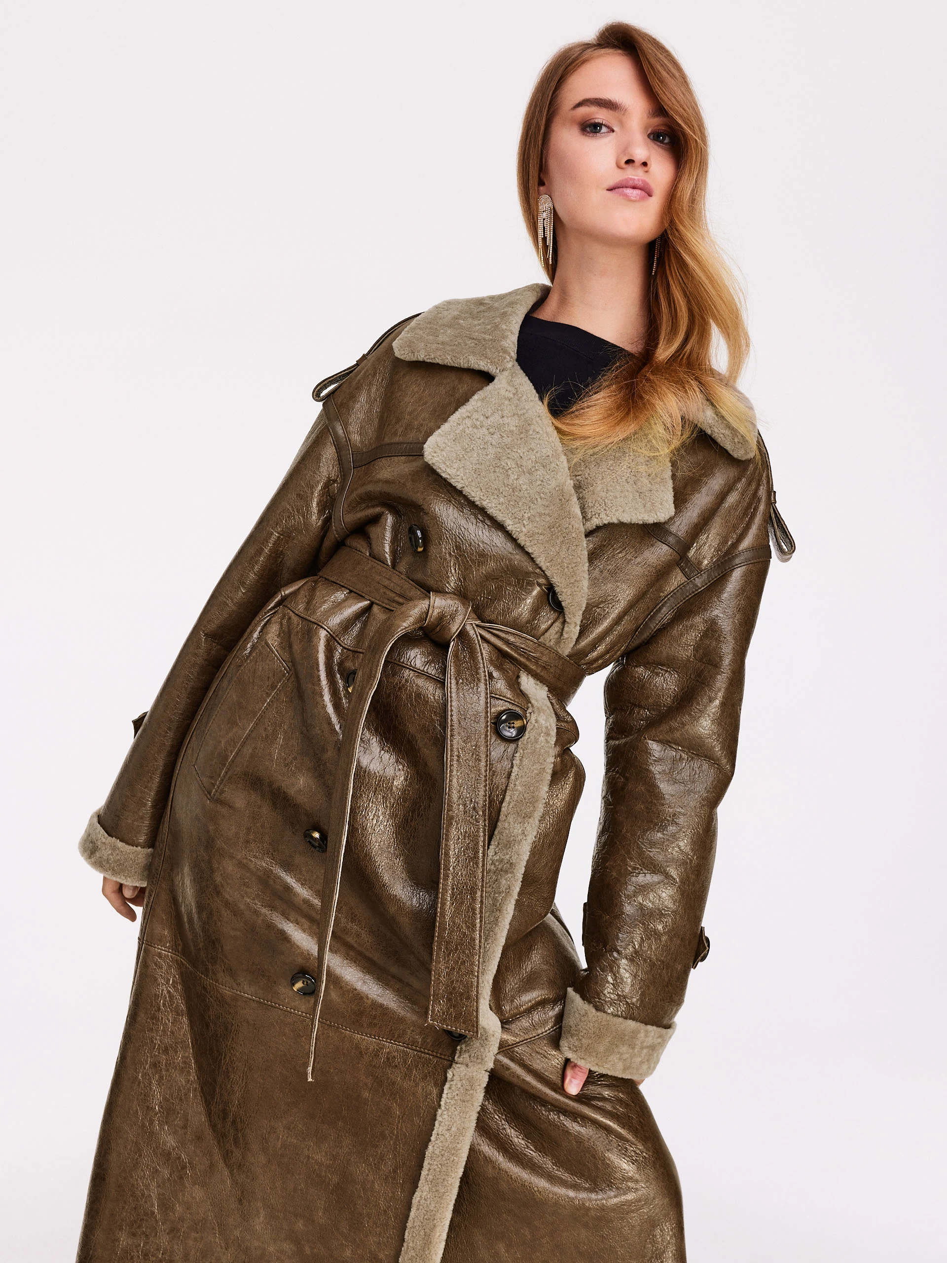 Long natural leather sheepskin coat