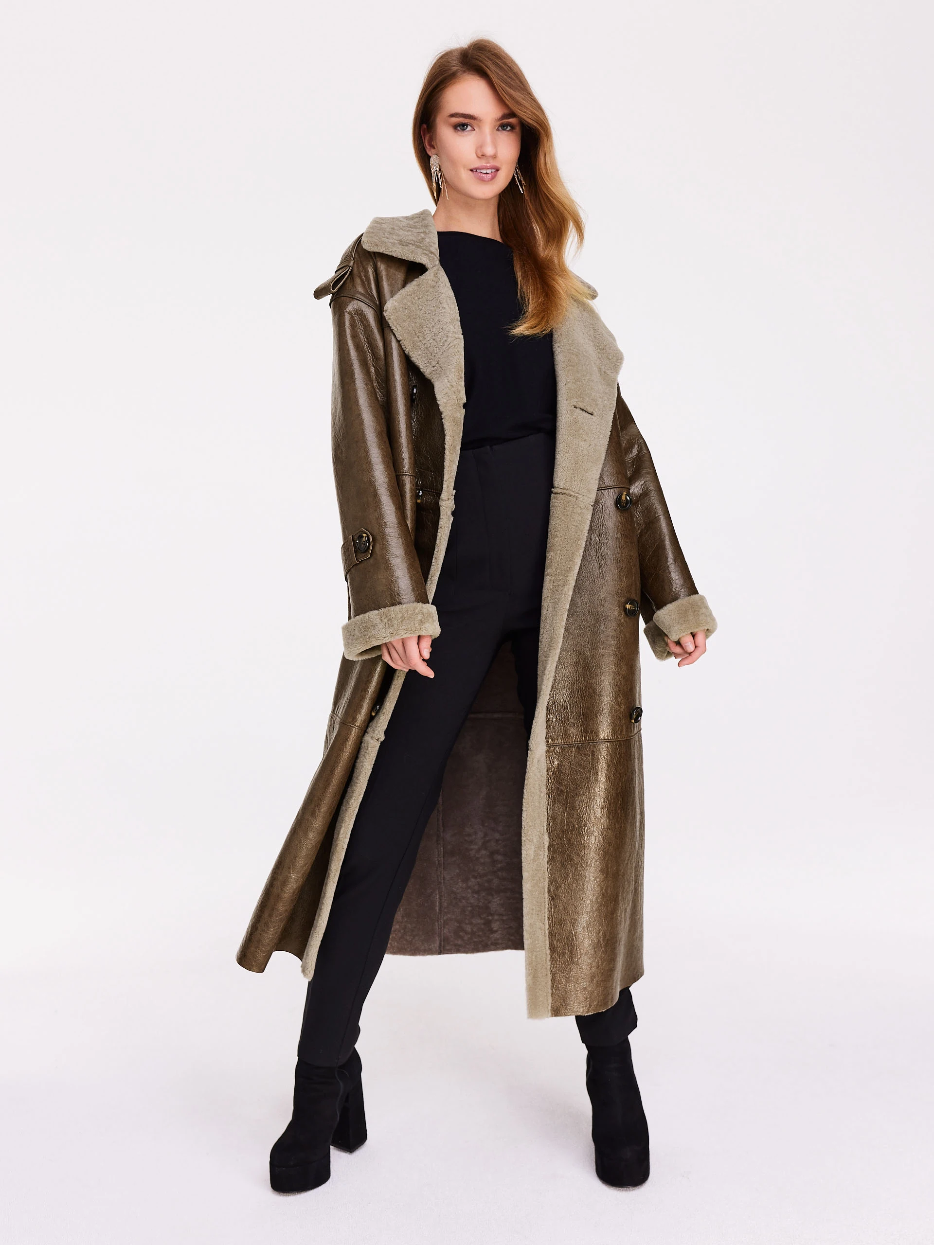 Long natural leather sheepskin coat