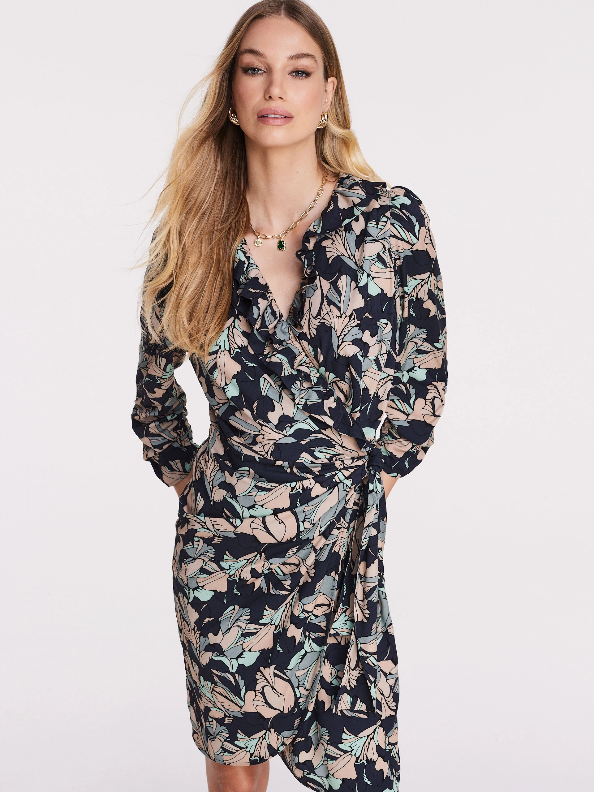 Asymmetrical dark dress with pastel pattern