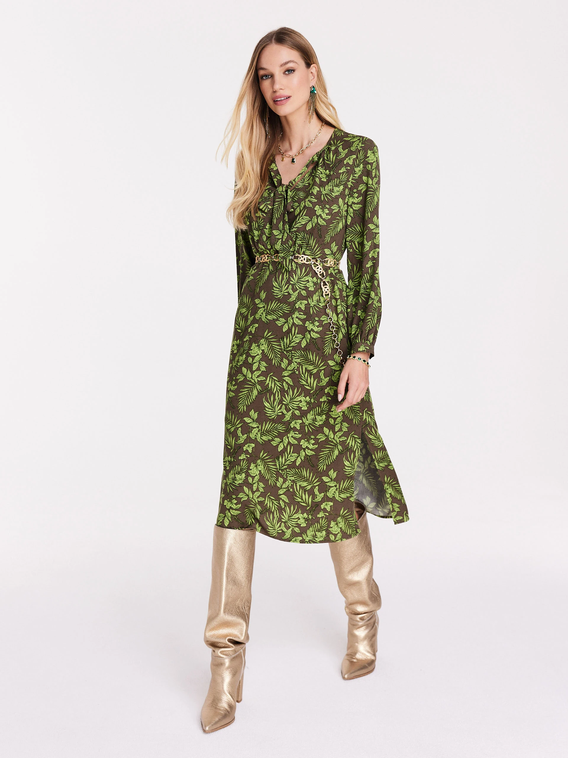 Brown dress with green leaf pattern