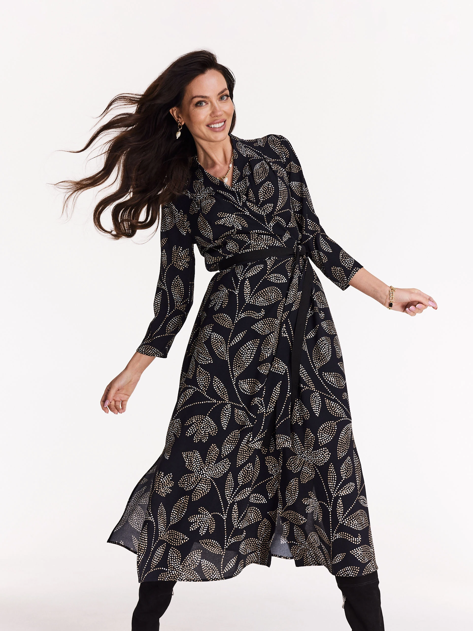 Long black dress with floral pattern
