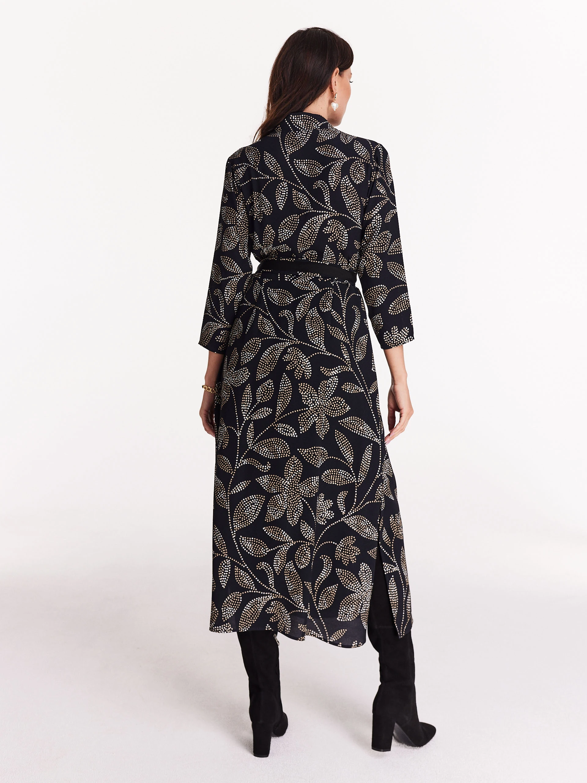 Long black dress with floral pattern
