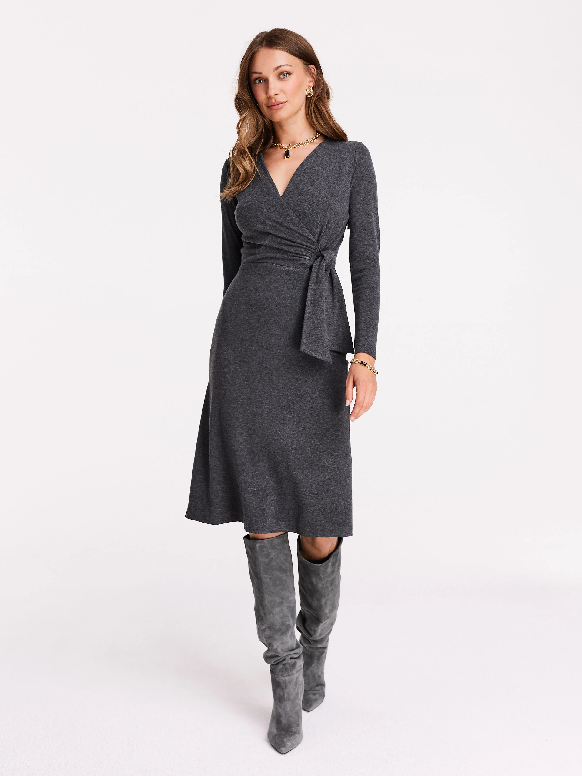 Grey envelope knit dress
