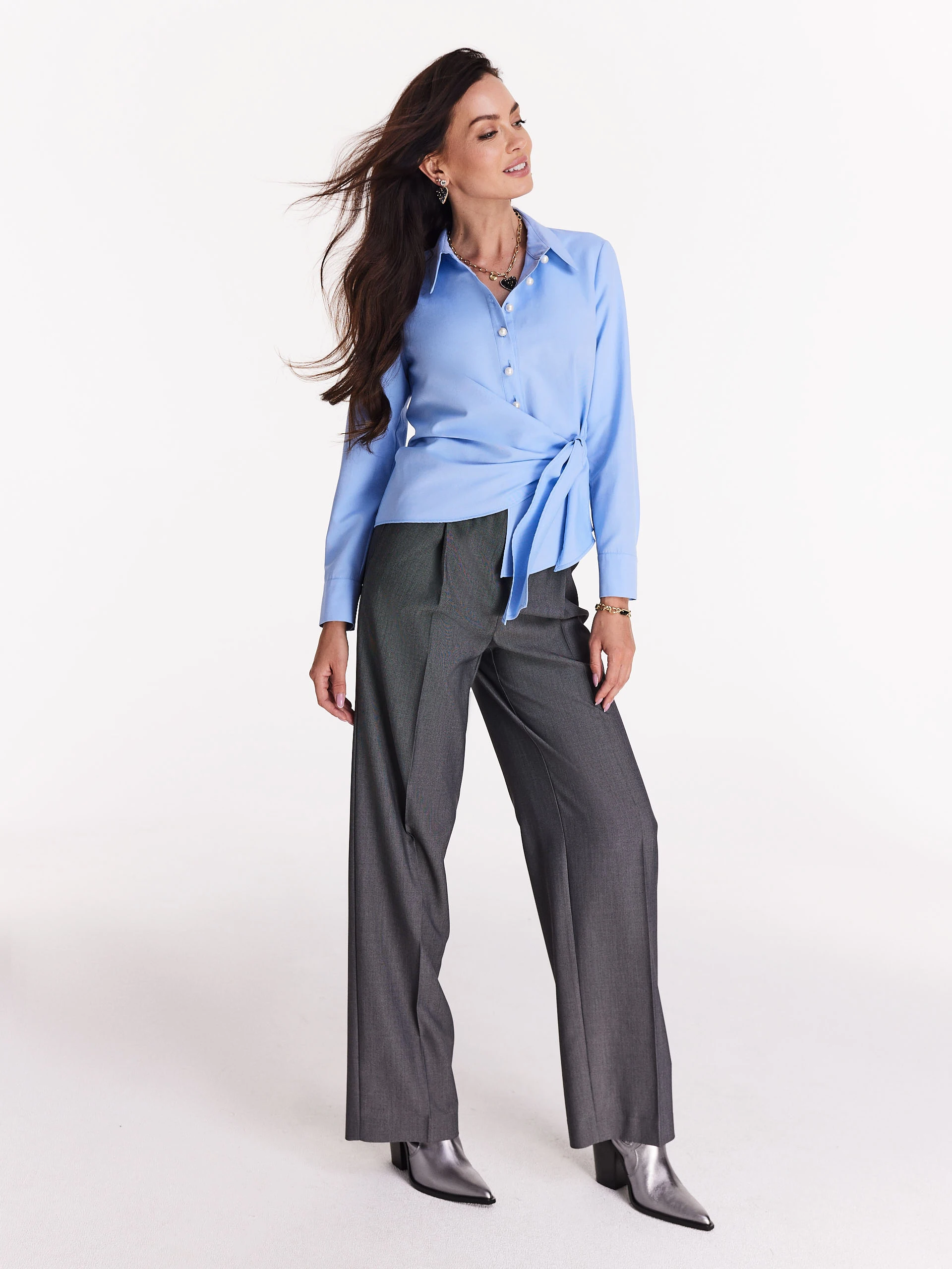 Grey high-waisted pants with elastic waistband