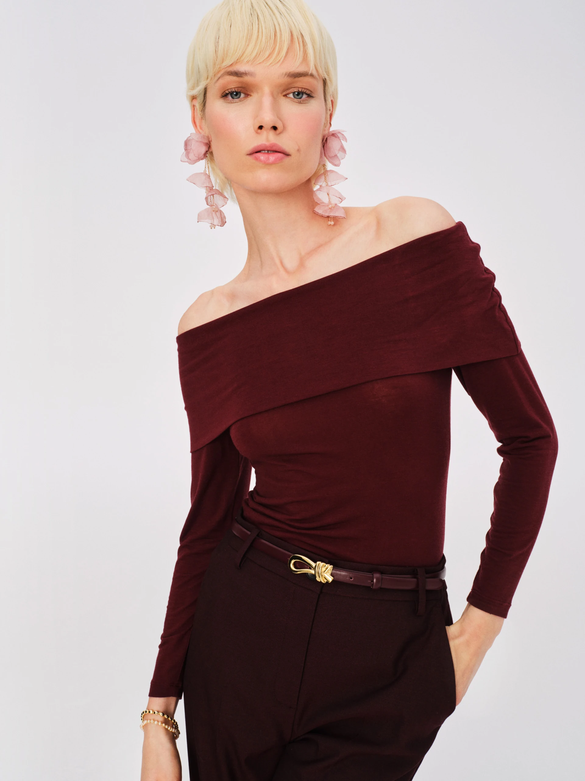Burgundy blouse with a Spanish neckline
