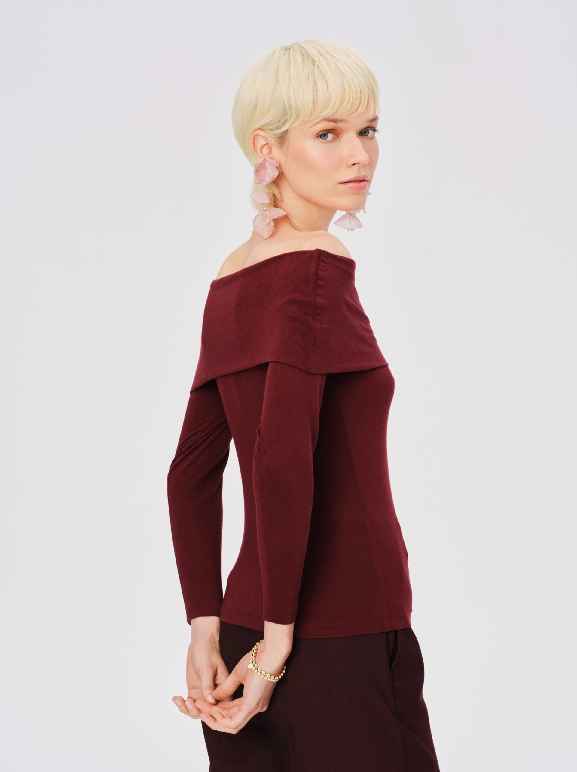 Burgundy blouse with a Spanish neckline