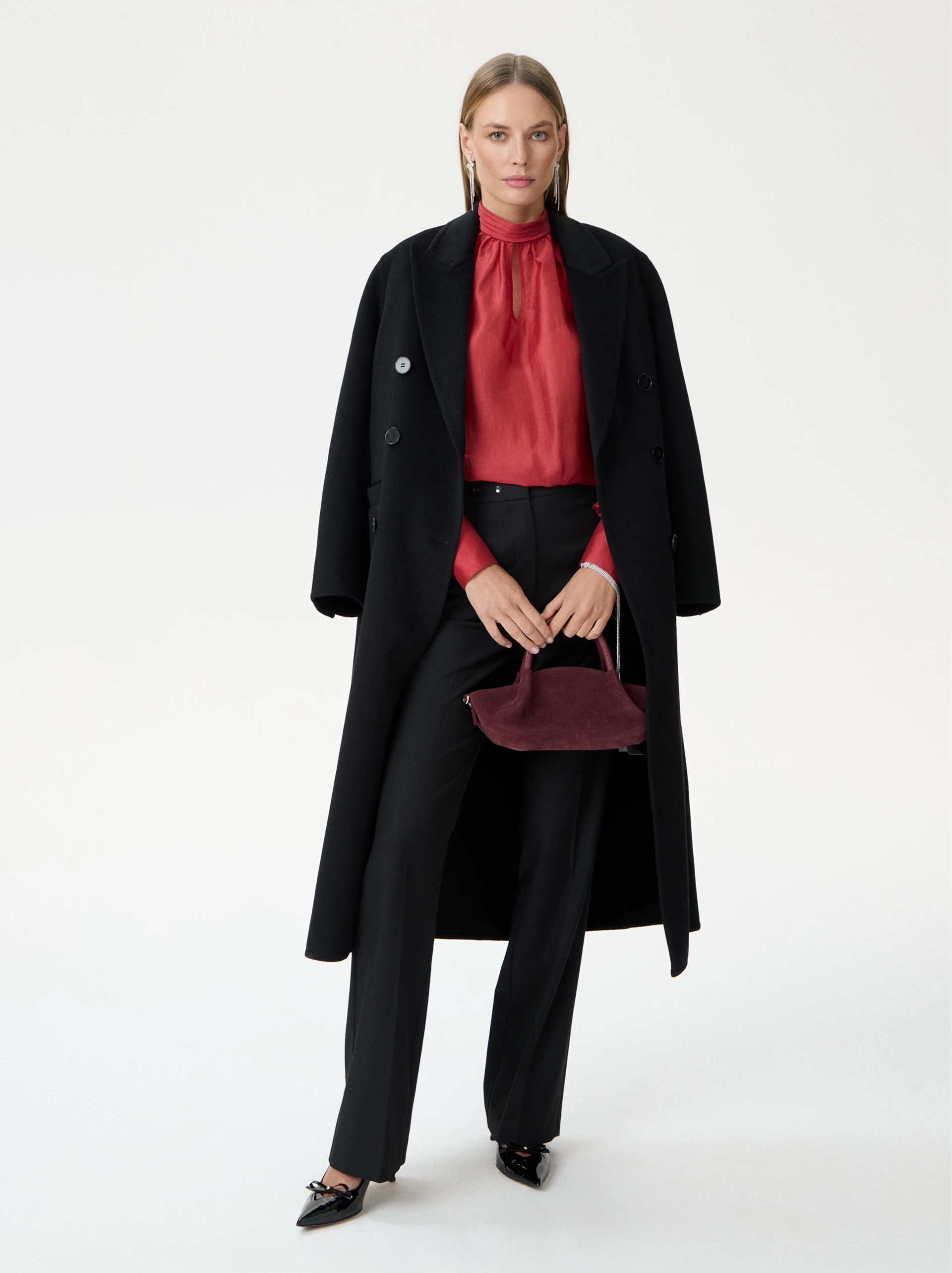 Red satin blouse with decorative ruffles