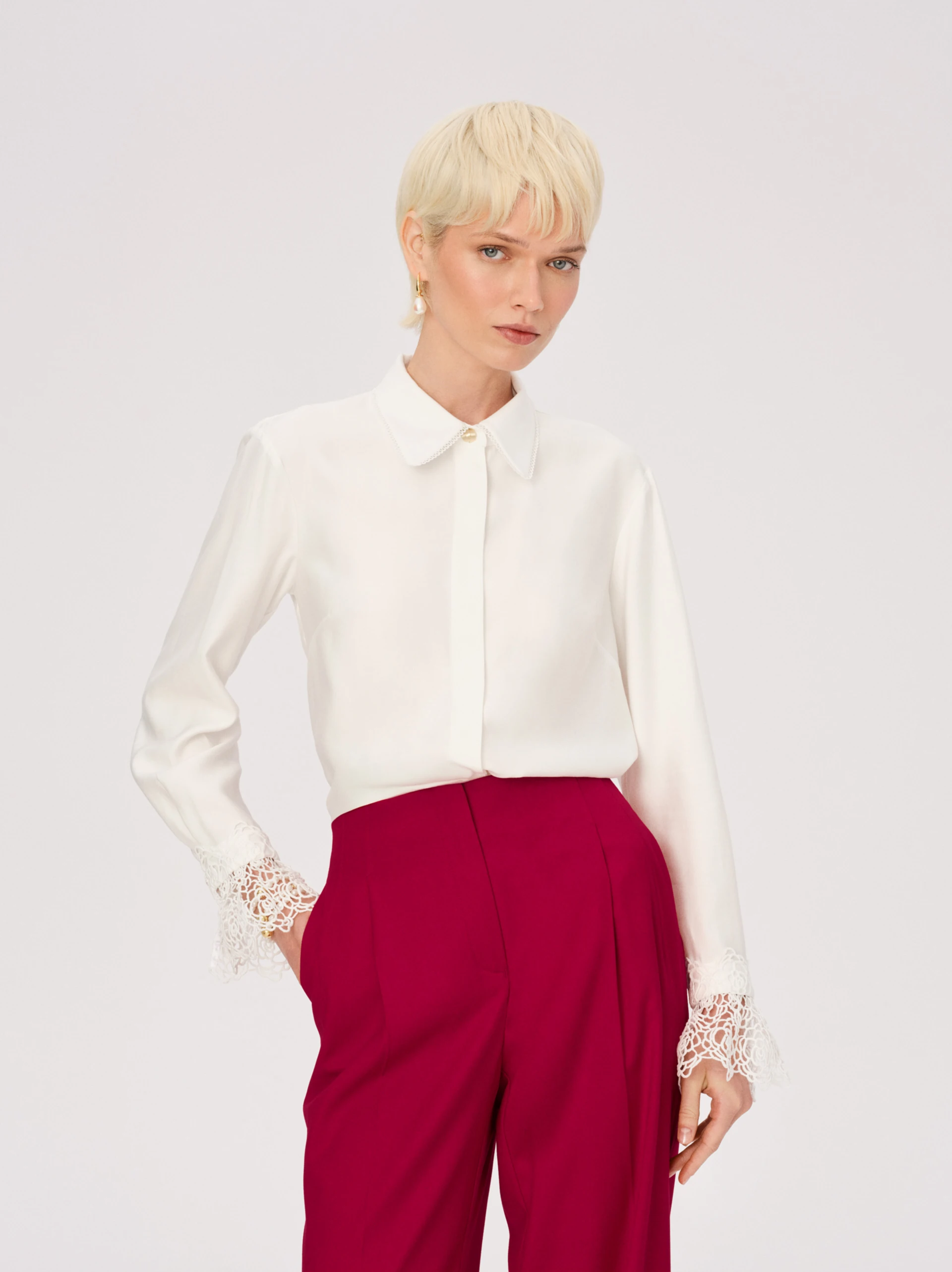 White viscose shirt with openwork cuffs