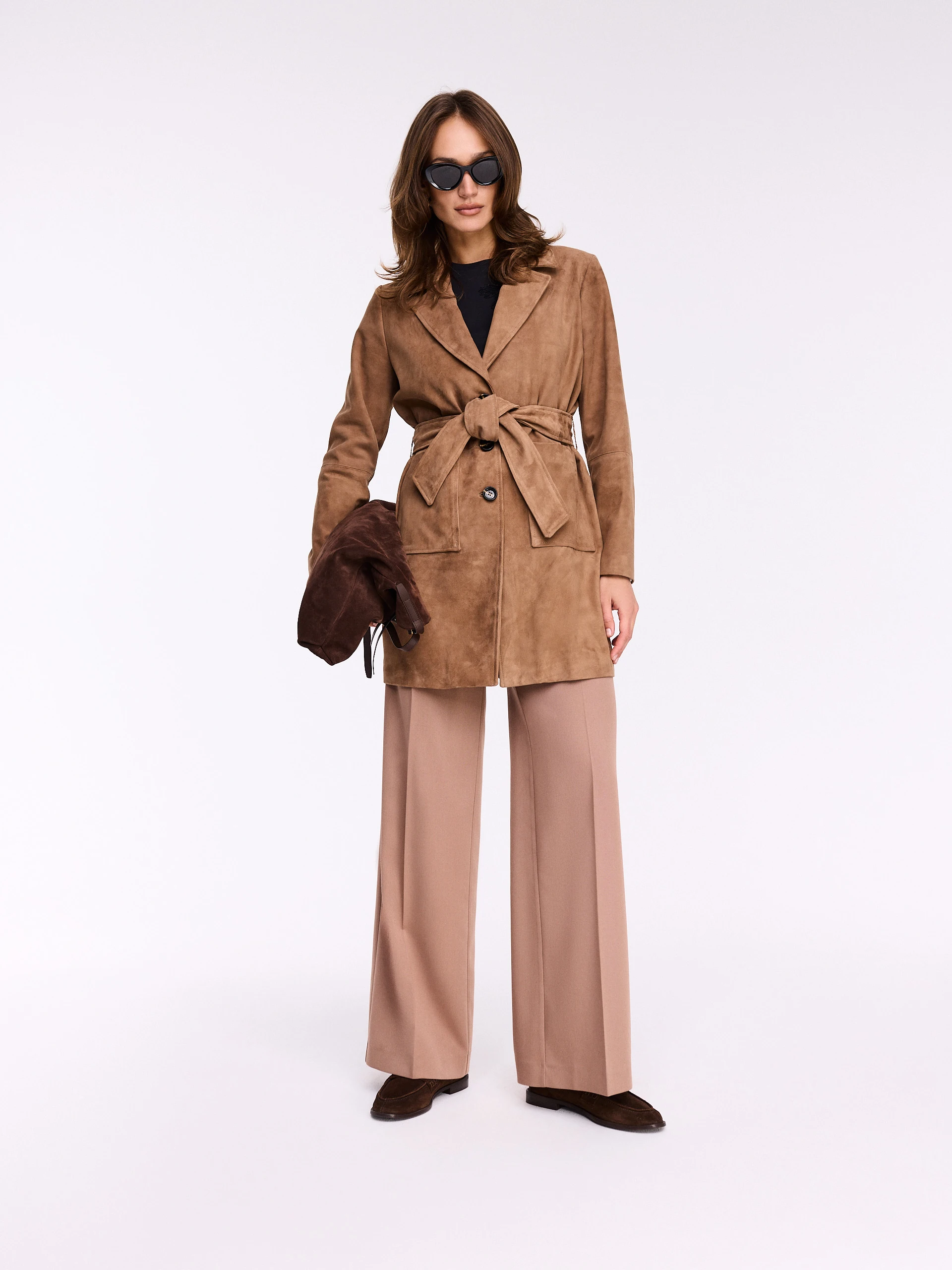 Short caramel suede coat