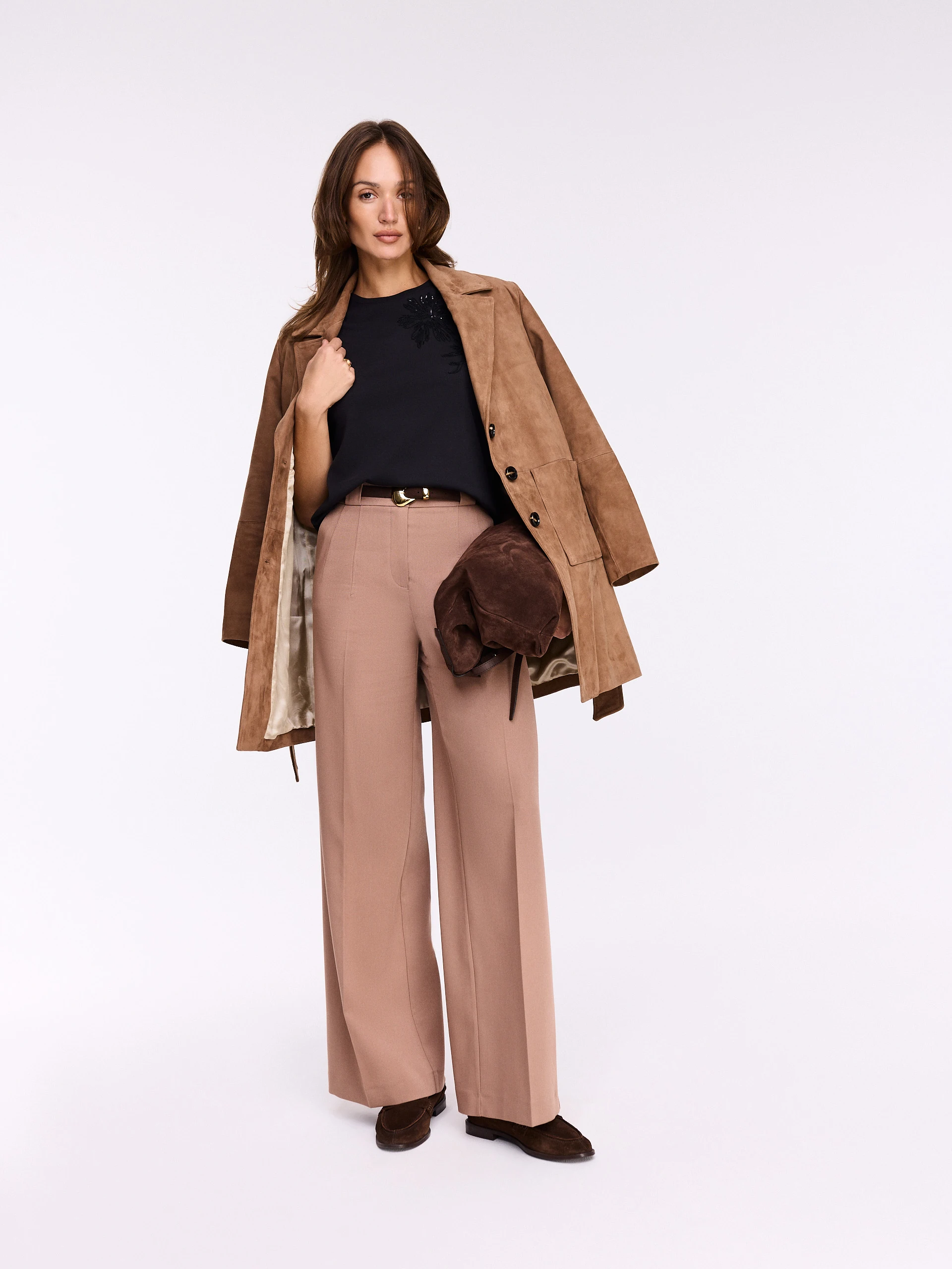 Short caramel suede coat