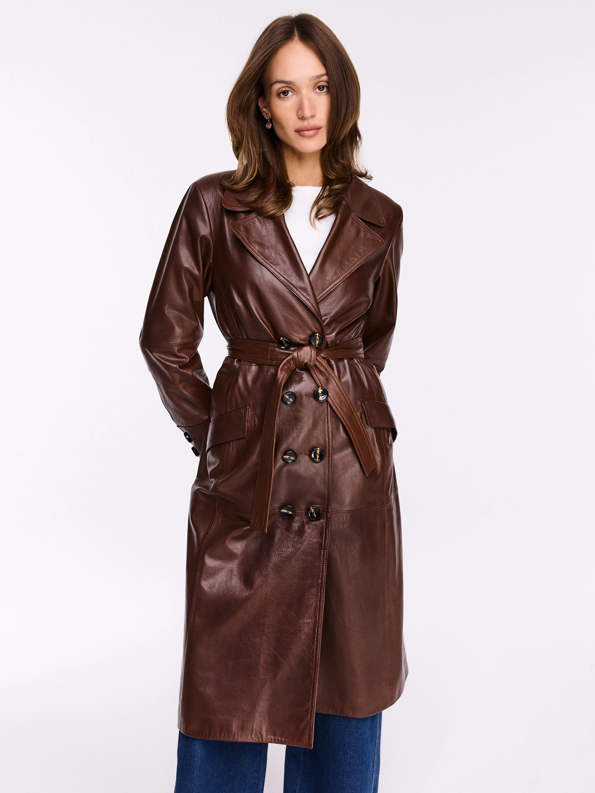Chocolate brown leather trench coat