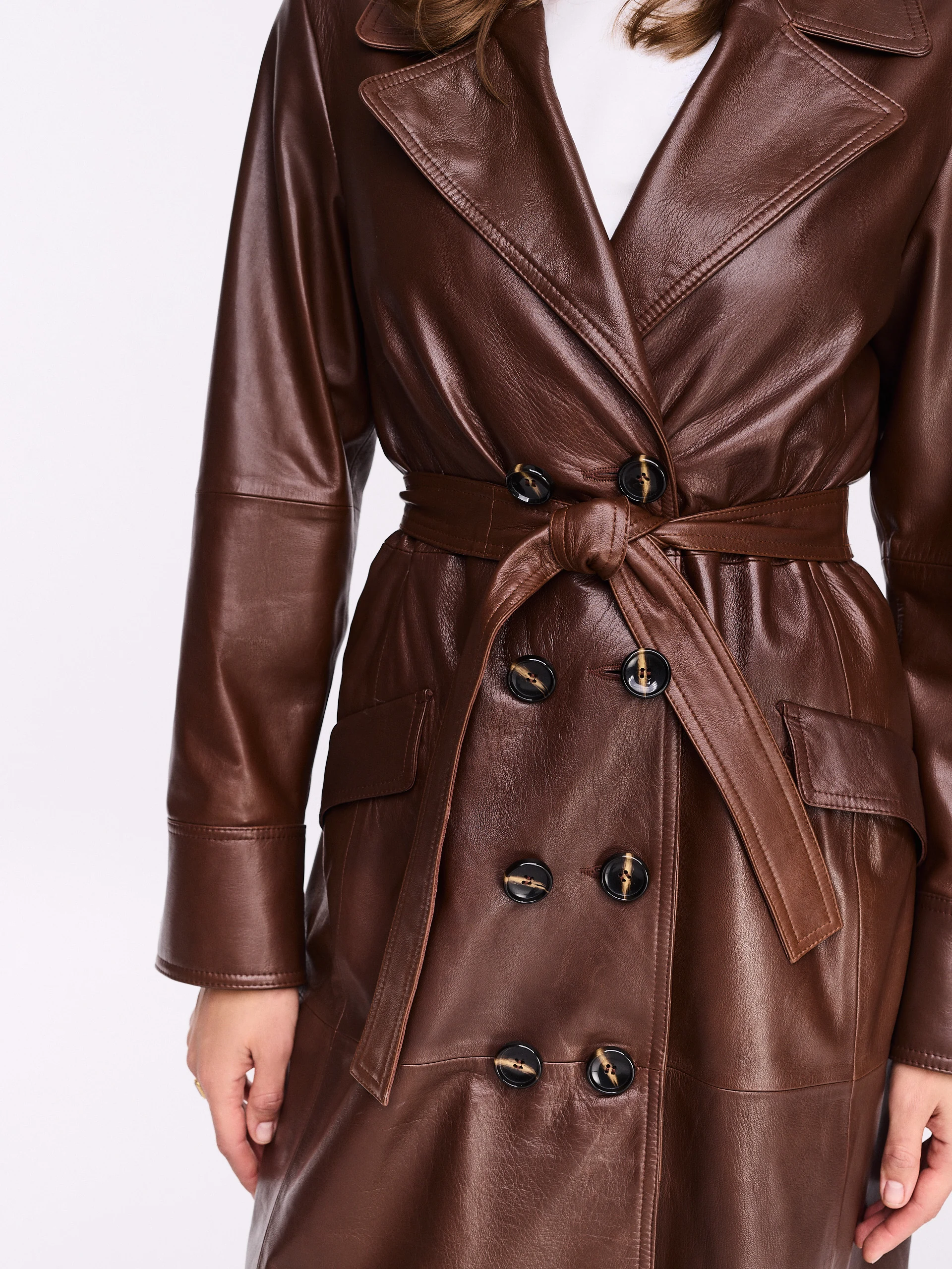 Chocolate brown leather trench coat