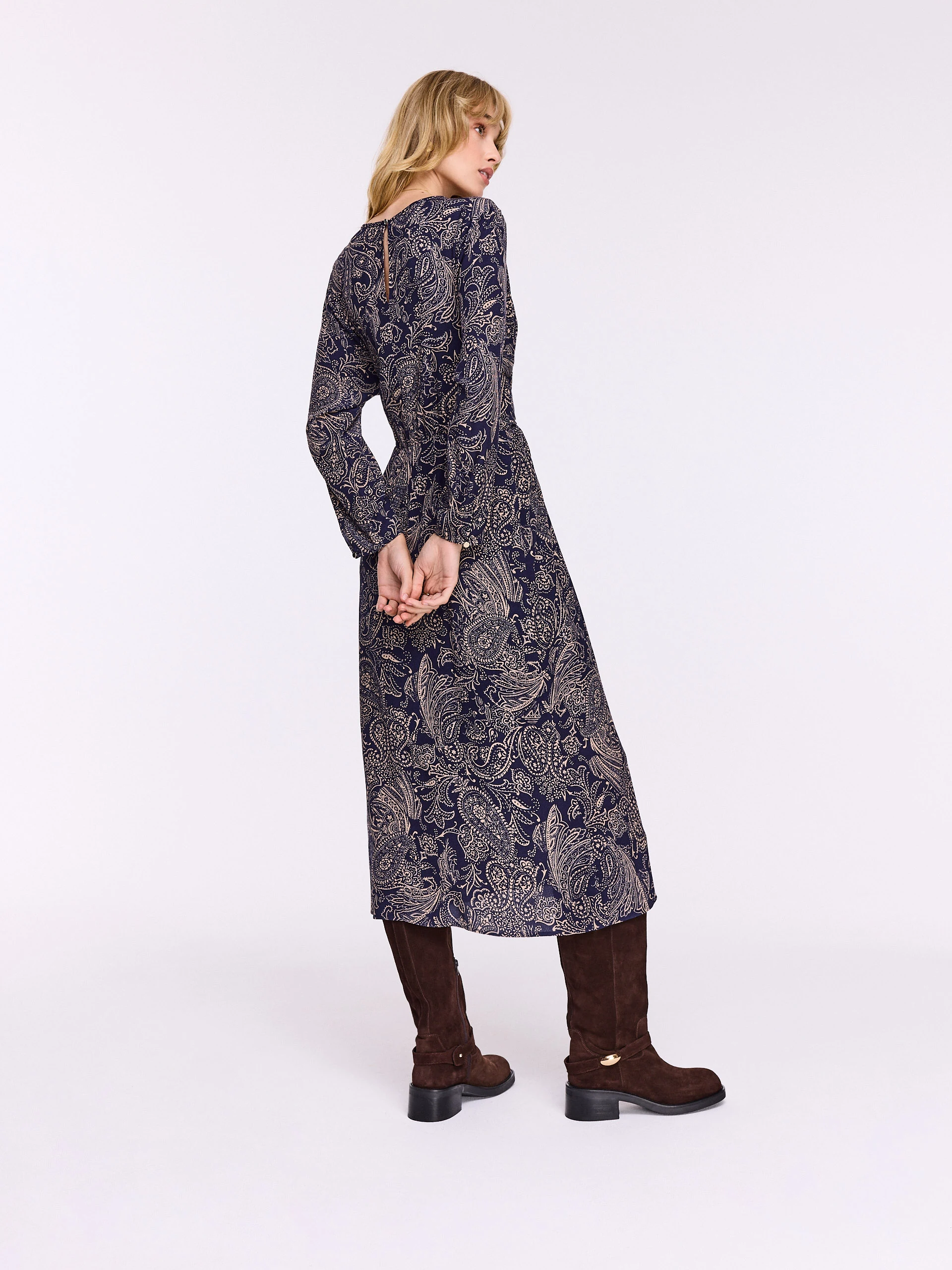 Navy blue midi dress with oriental patterns