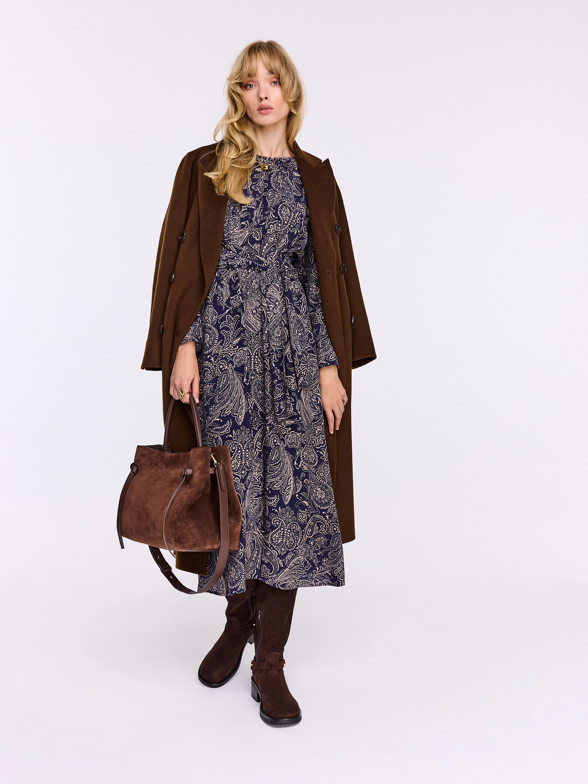 Navy blue midi dress with oriental patterns