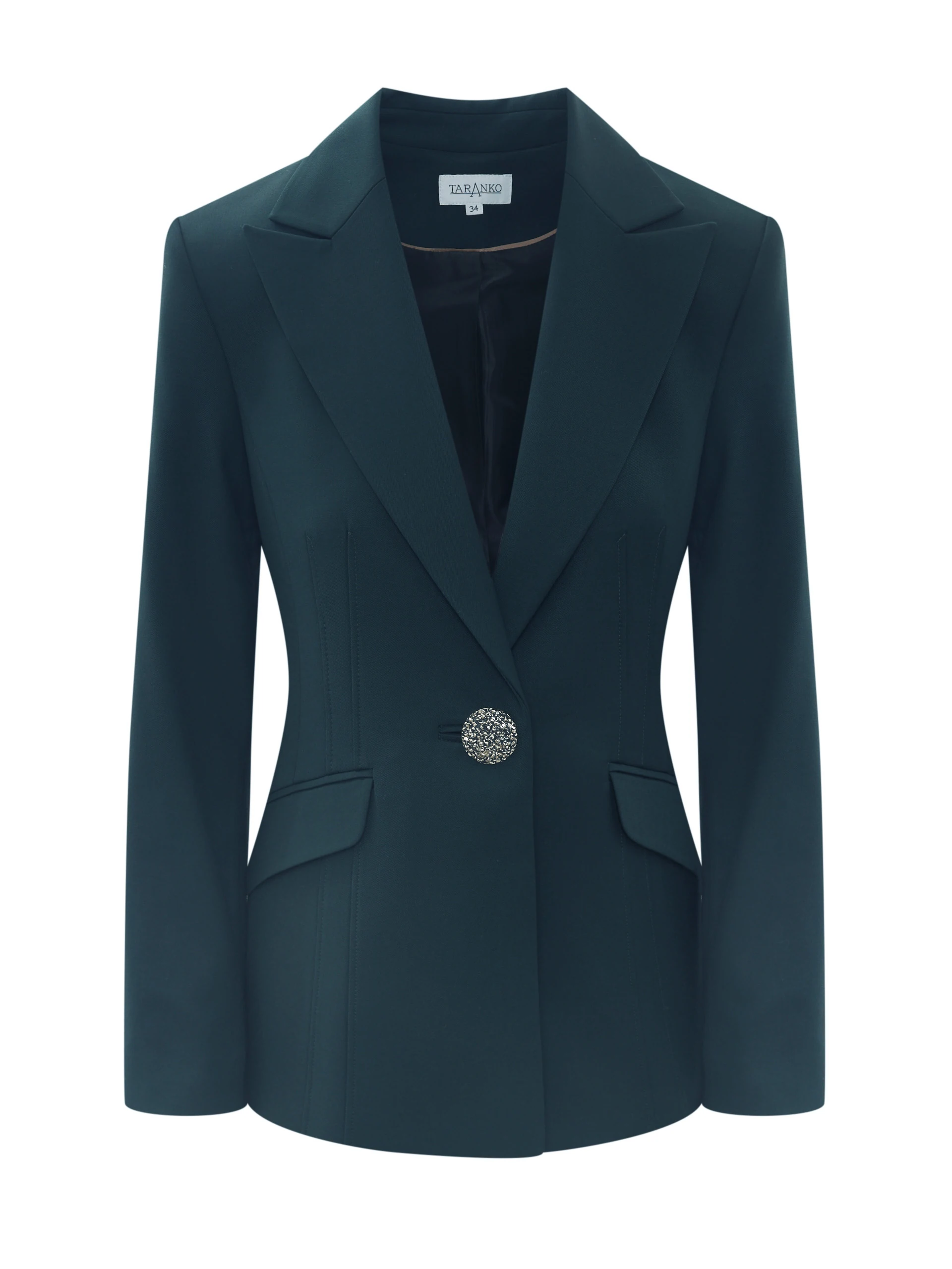 Dark green fitted jacket with decorative button