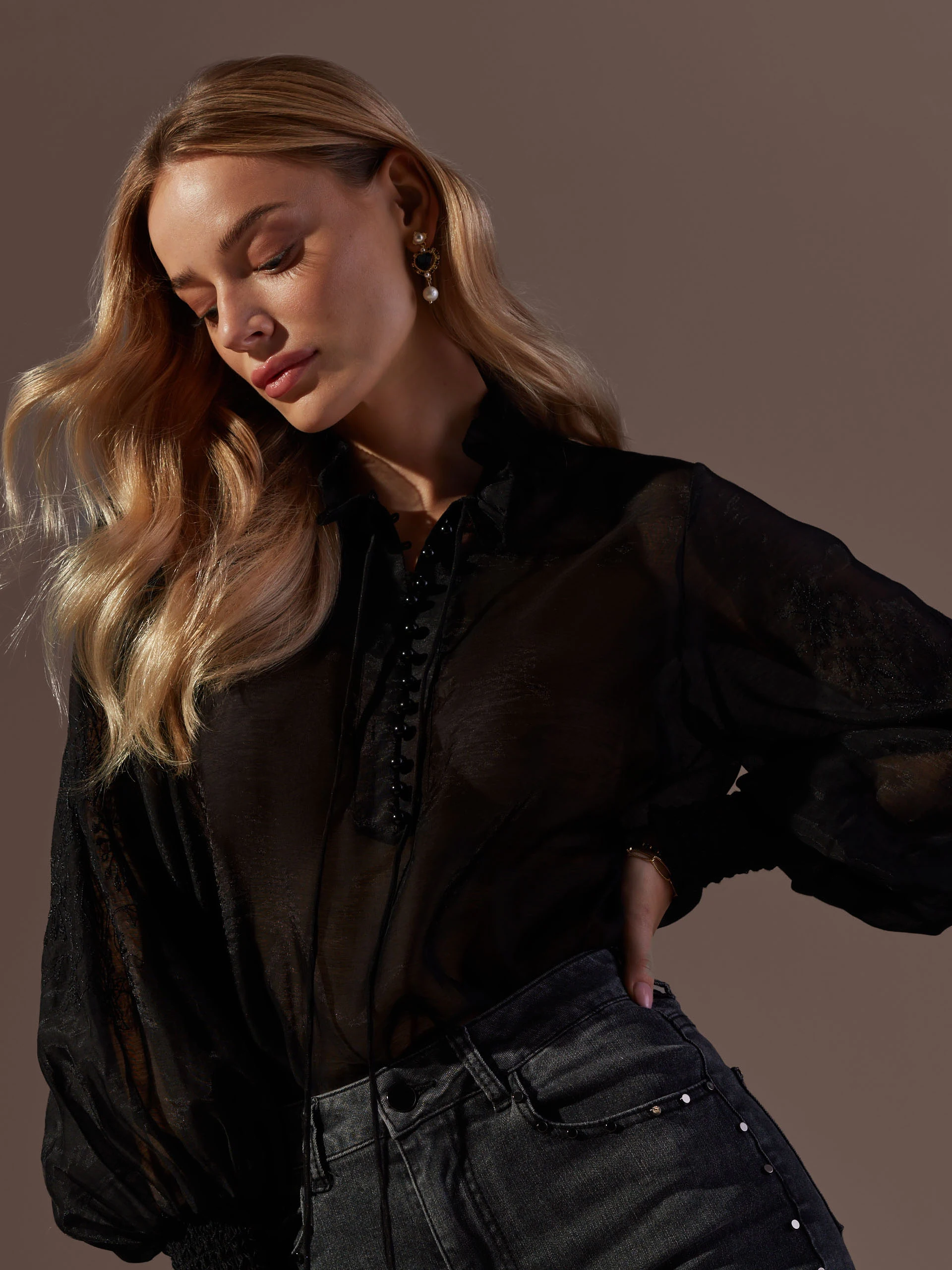 Black see through blouse with puff sleeves