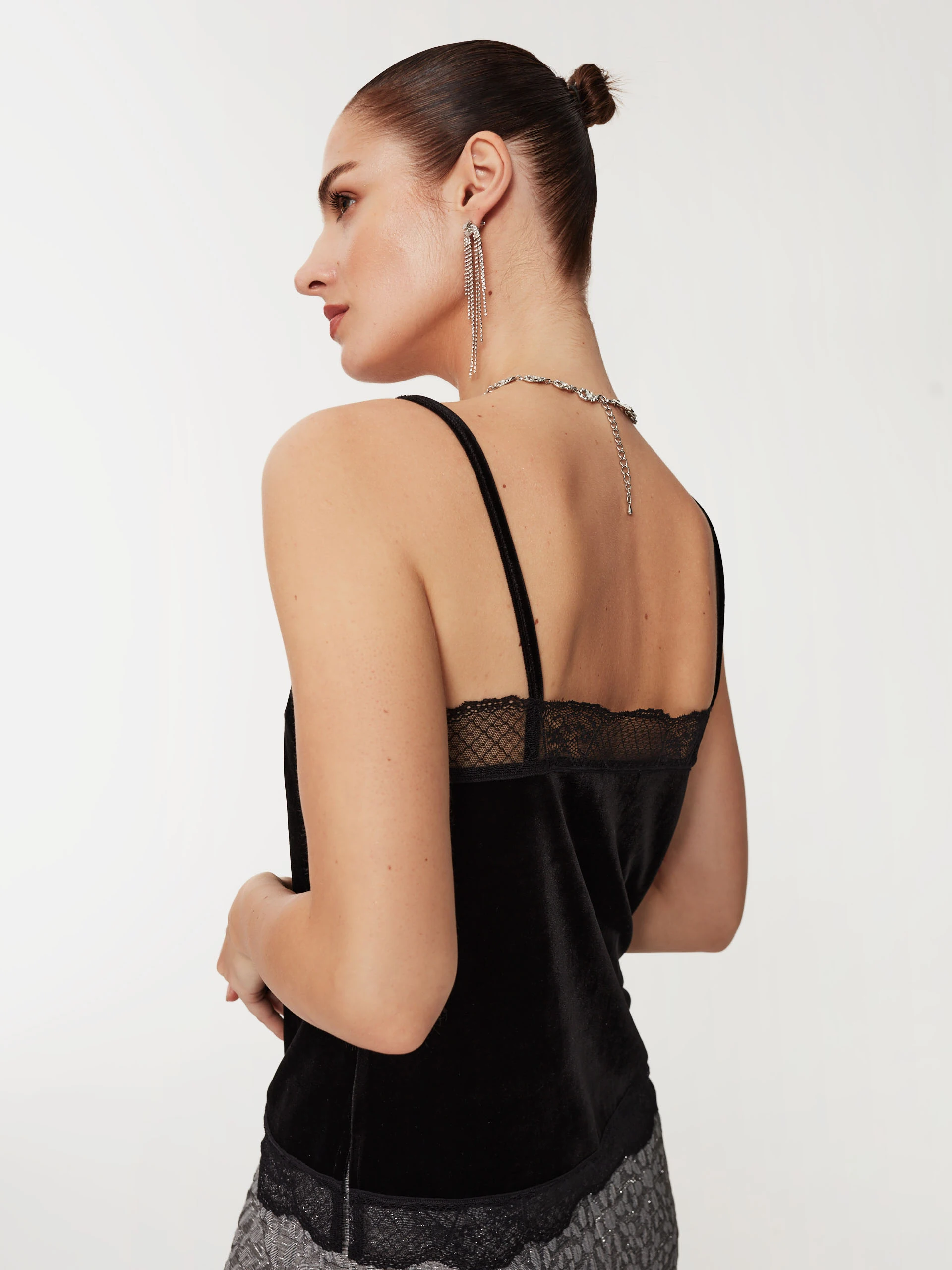 Black satin lace top