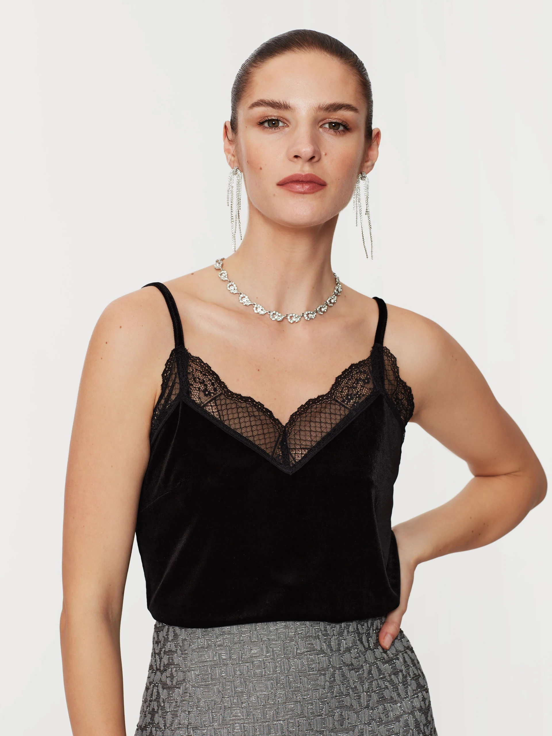 Black satin lace top