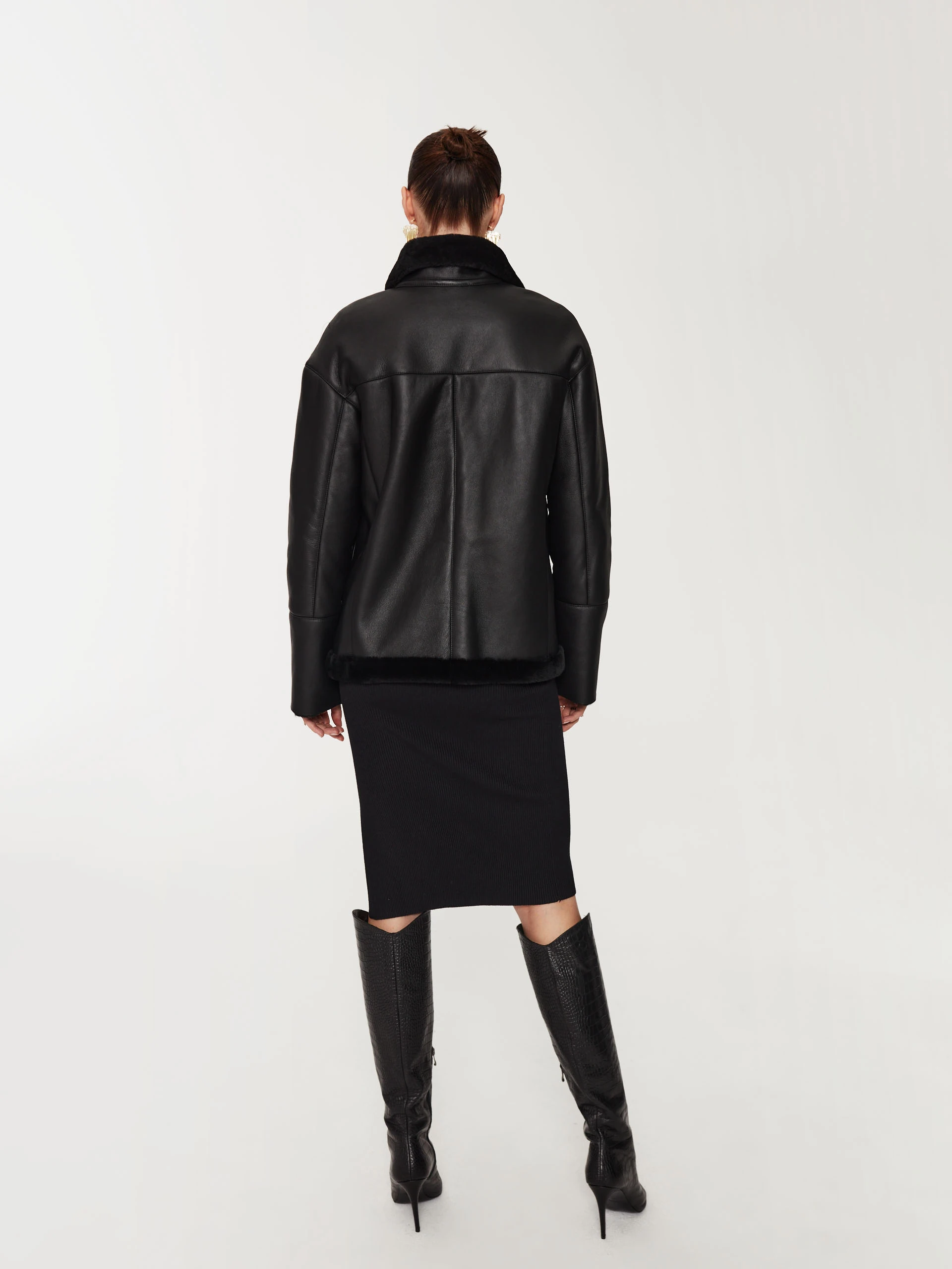 Black double-breasted sheepskin coat