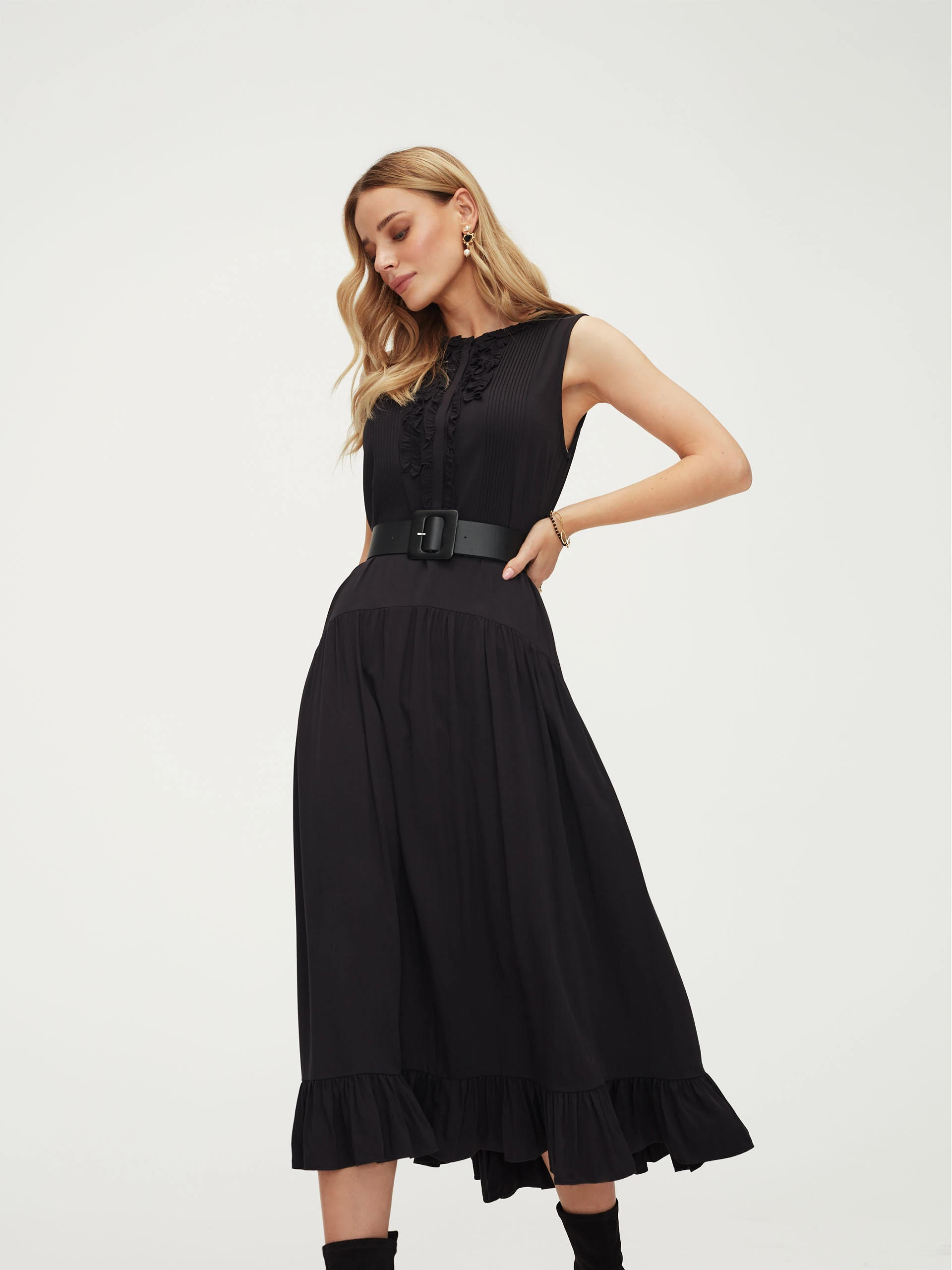 Black sleeveless midi dress with ruffle