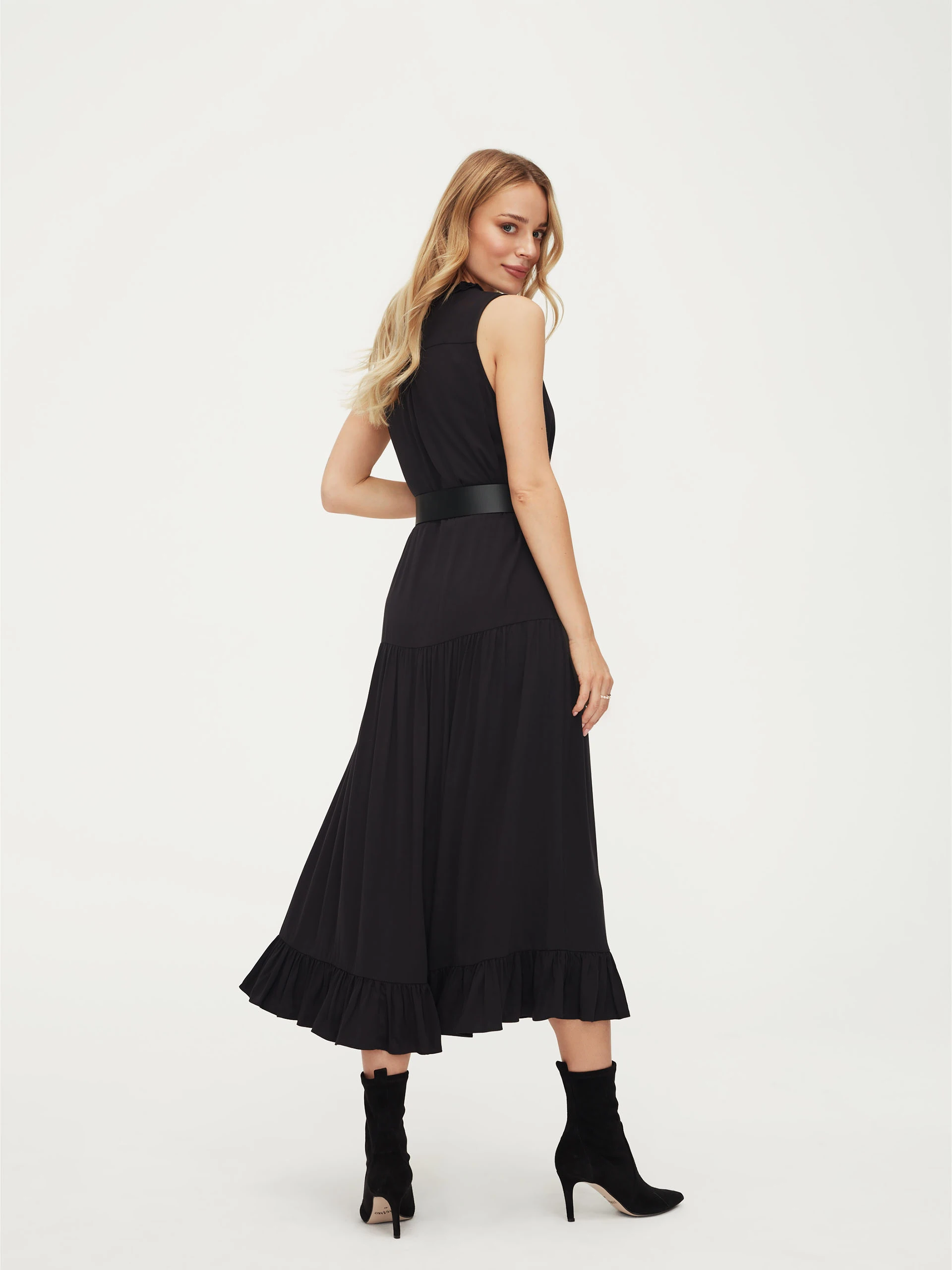 Black sleeveless midi dress with ruffle