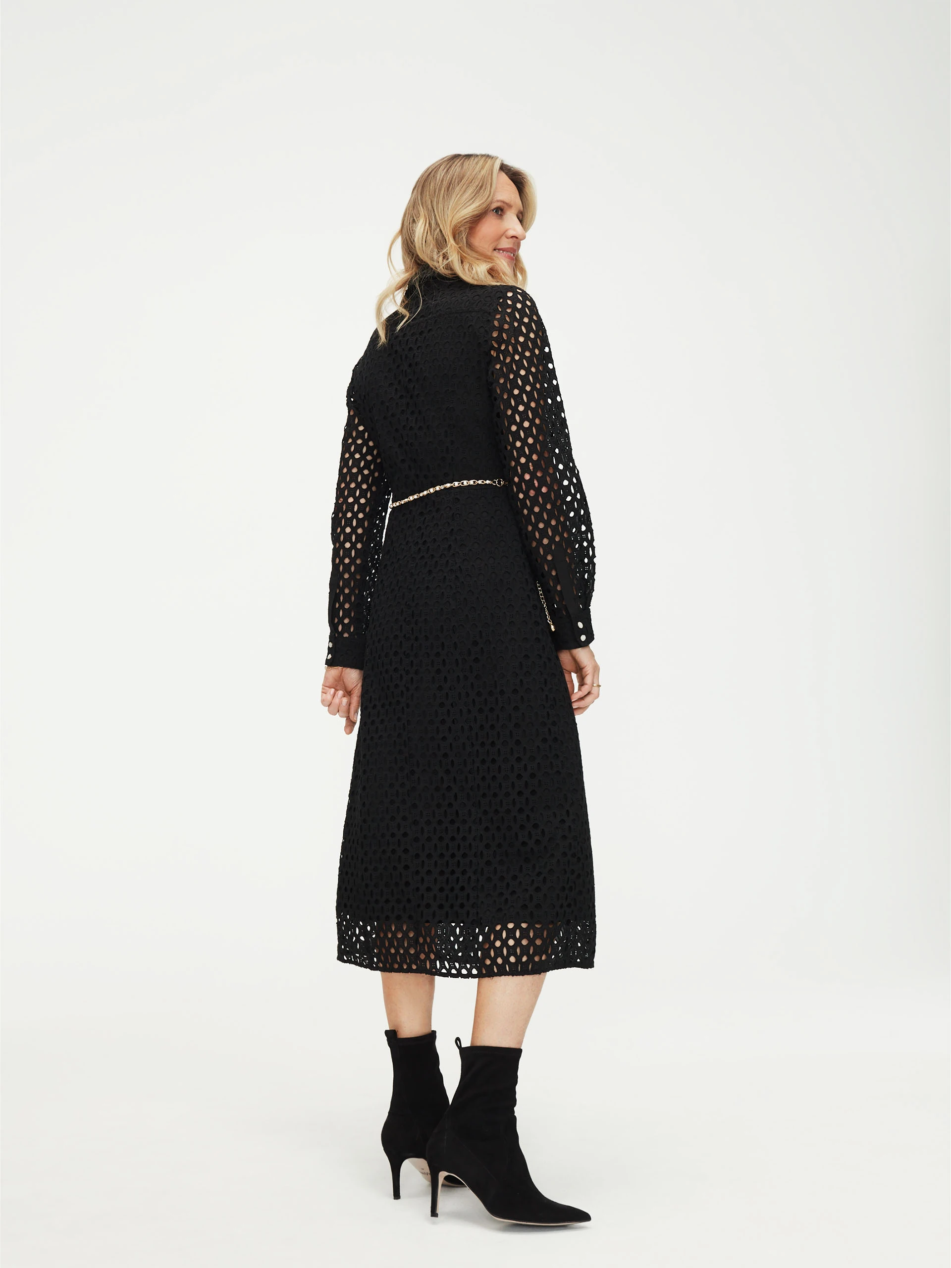 Black openwork dress with patch pockets