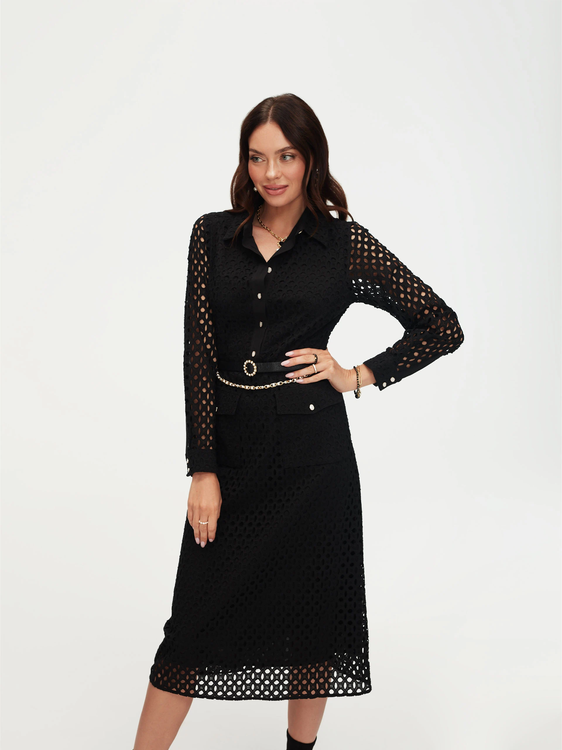 Black openwork dress with patch pockets