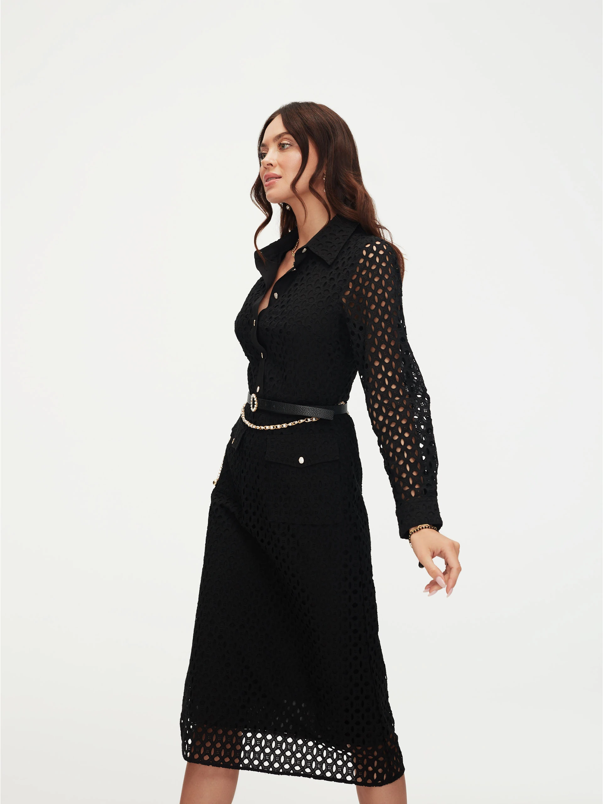 Black openwork dress with patch pockets