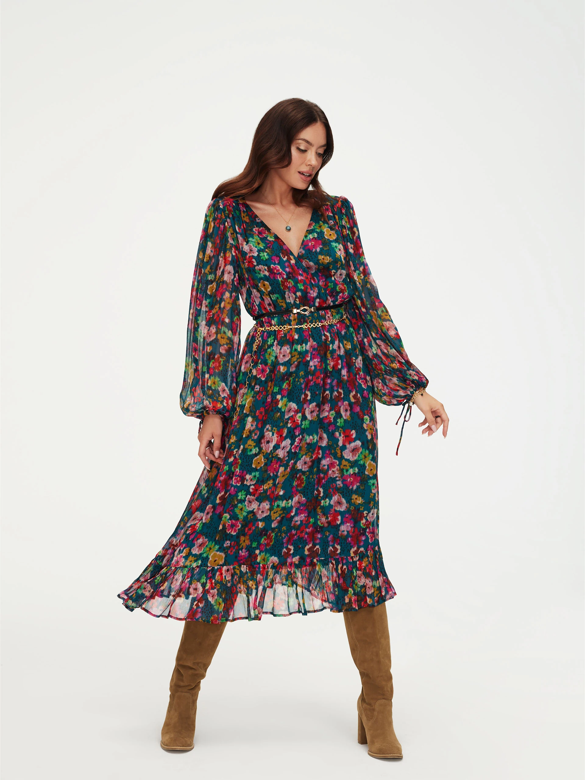 Floral midi dress with ruffle