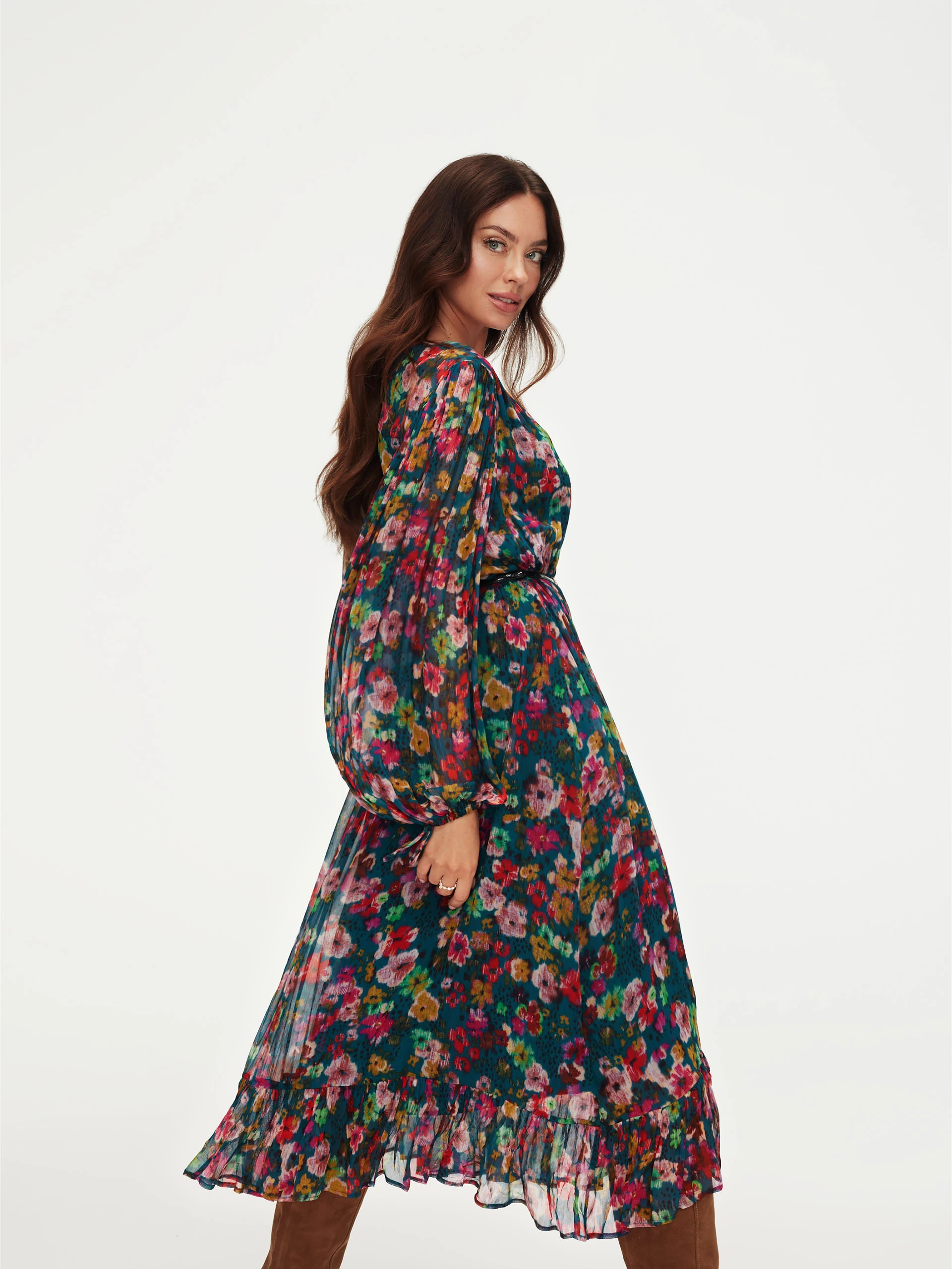 Floral midi dress with ruffle