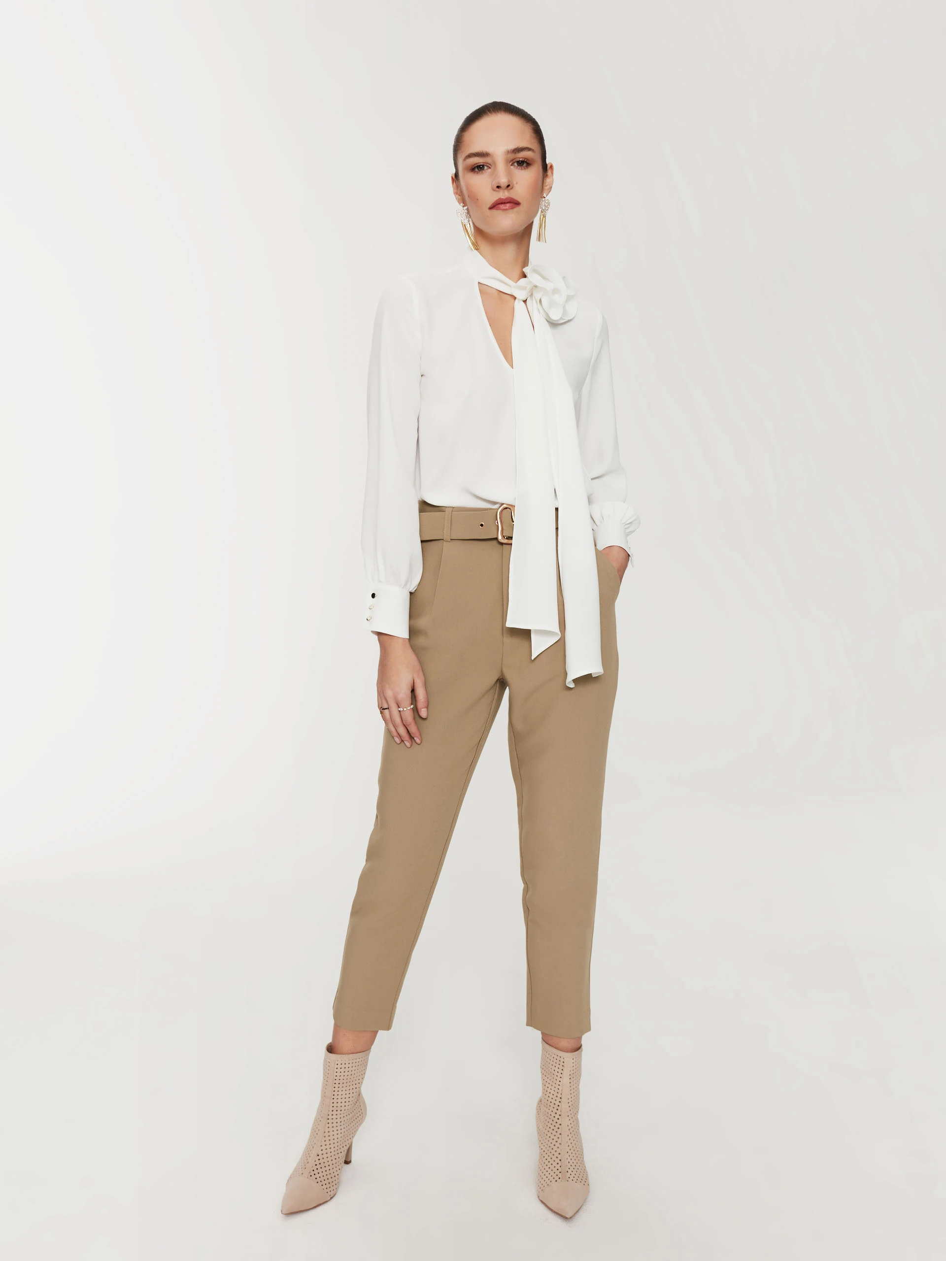 Beige high-waisted cigarette pants