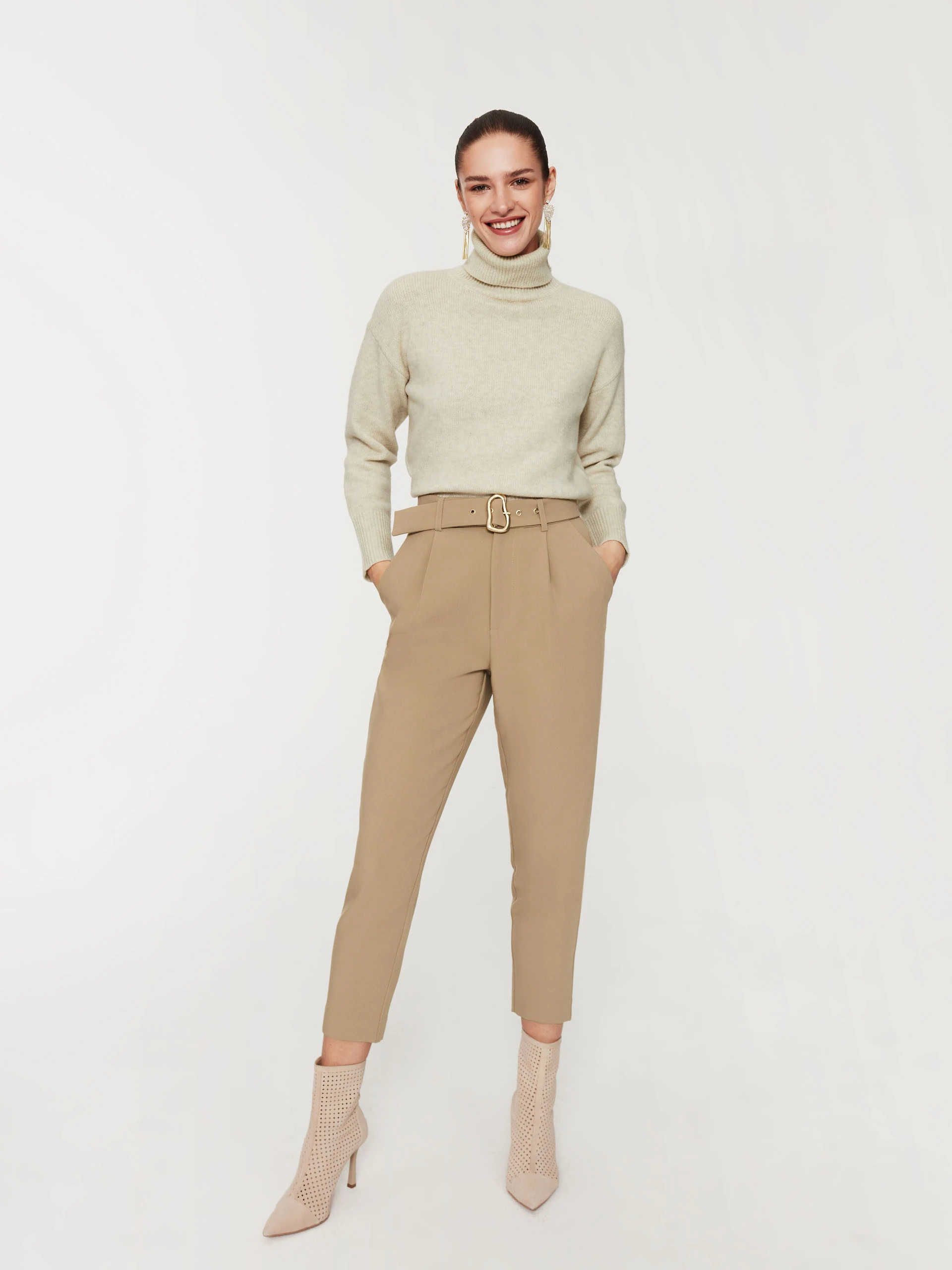 Beige high-waisted cigarette pants