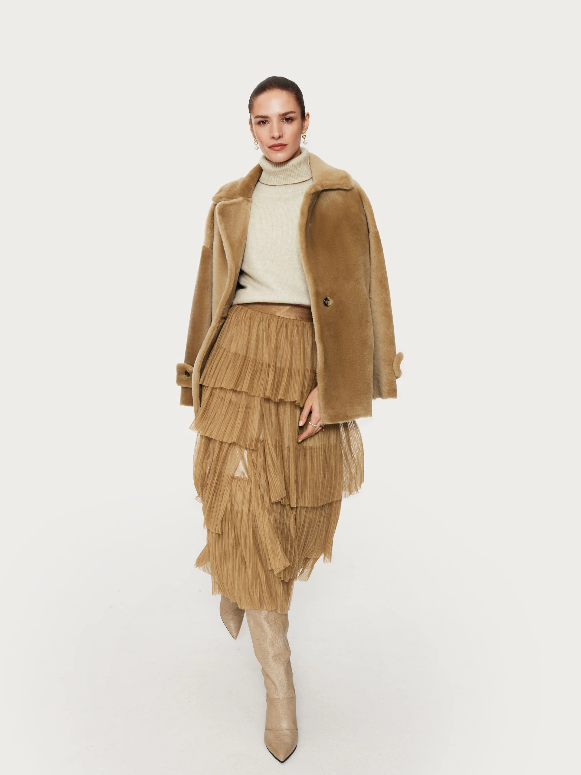 Caramel midi skirt with ruffles