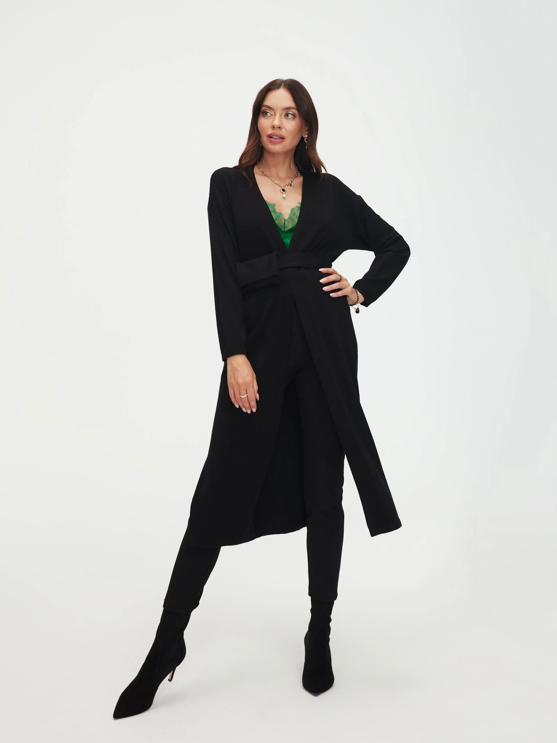 Long black cardigan with belt