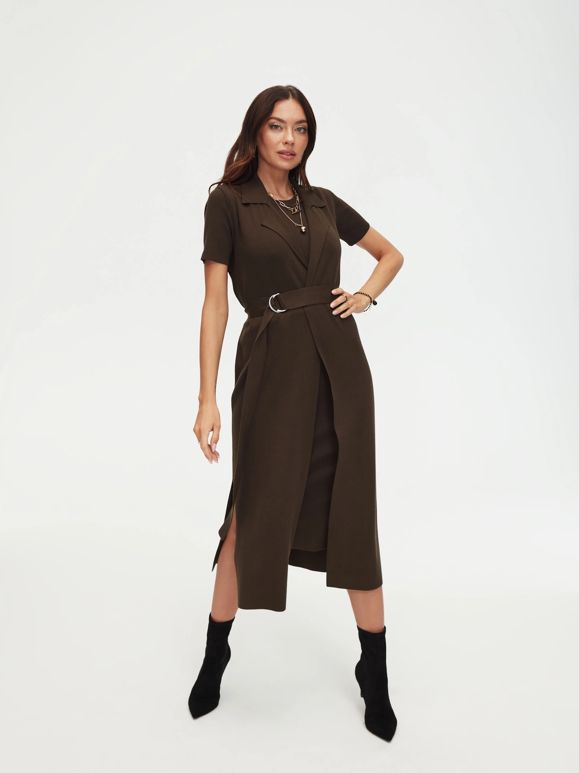Long brown sleeveless sweater