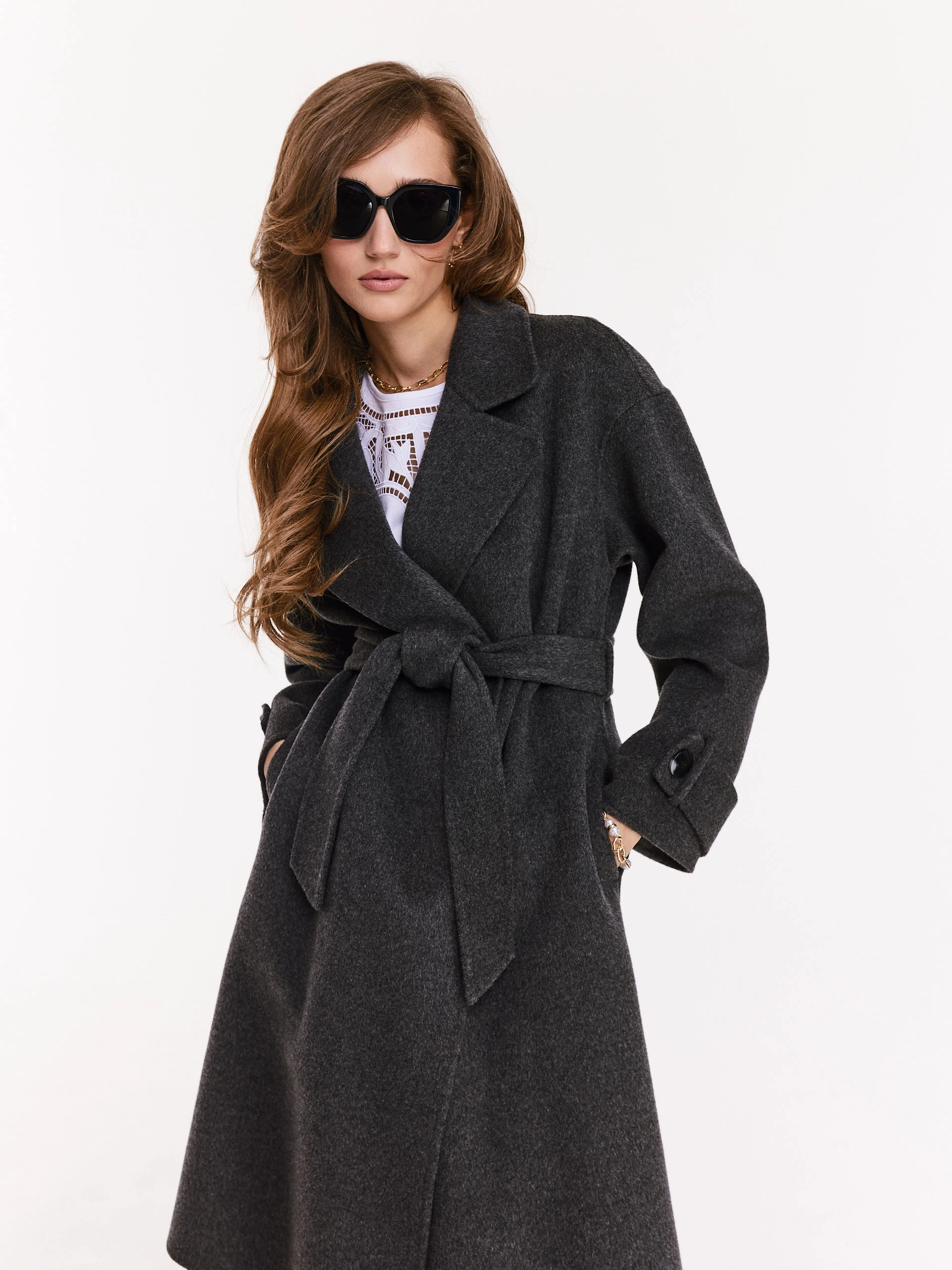 Wool graphite coat with robe cut